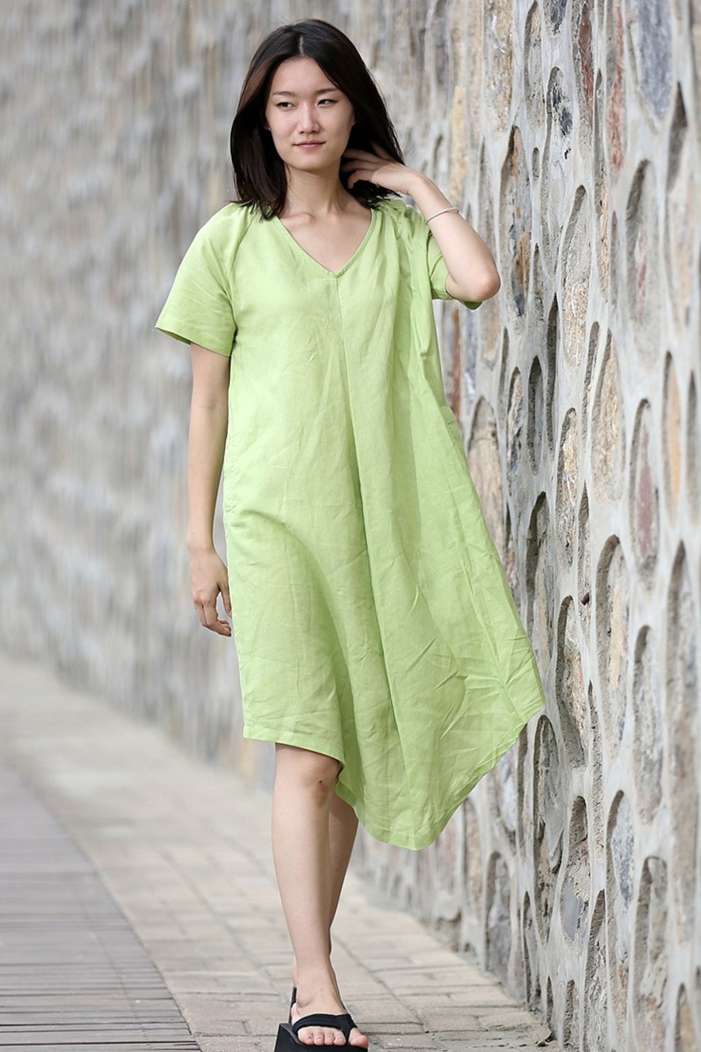 Midi Linen Dress in green C273