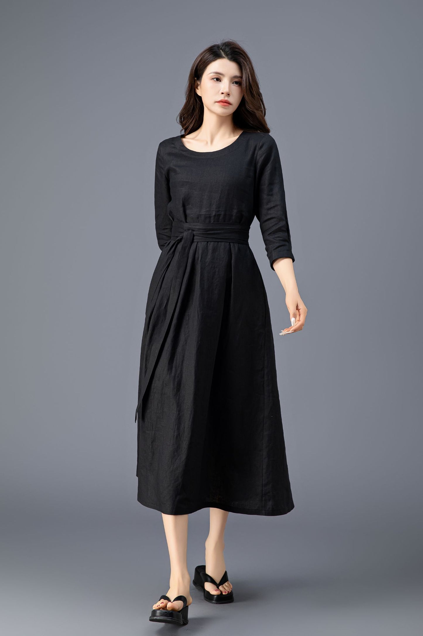 Women's Casual Belted  Black Linen Dress C3911