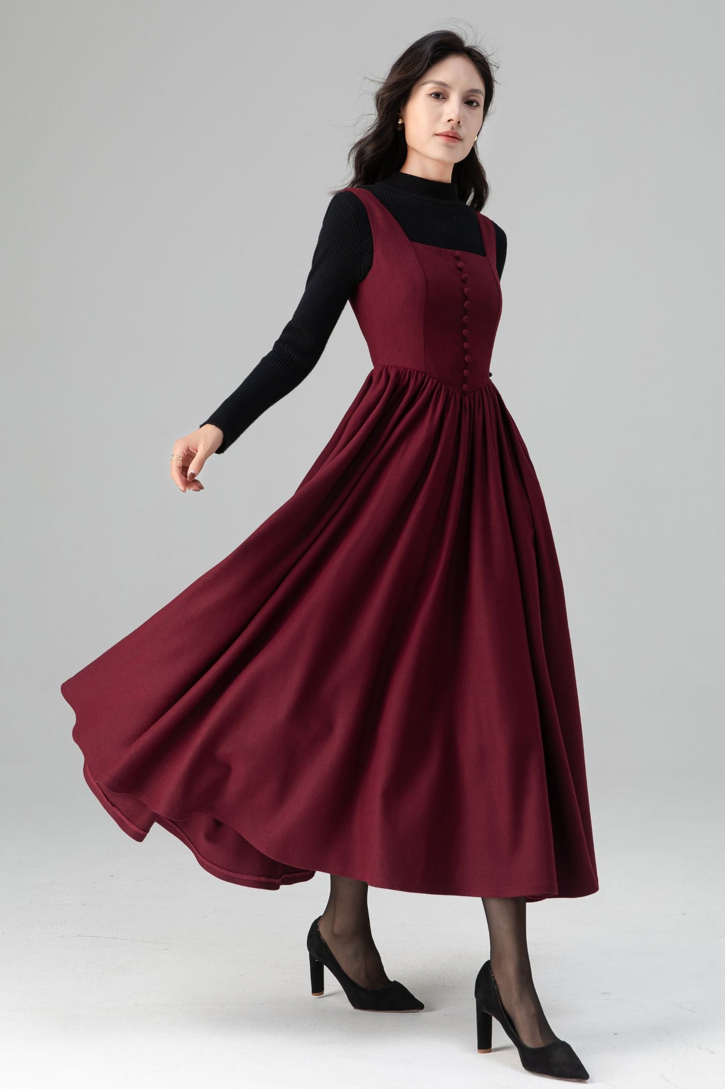 Square Neck Maxi Pinafore Wool Dress for Women C5201