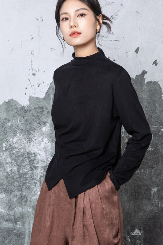 Black Cotton Blouse - Long Sleeve Mock Neck with Asymmetric Hem c5463