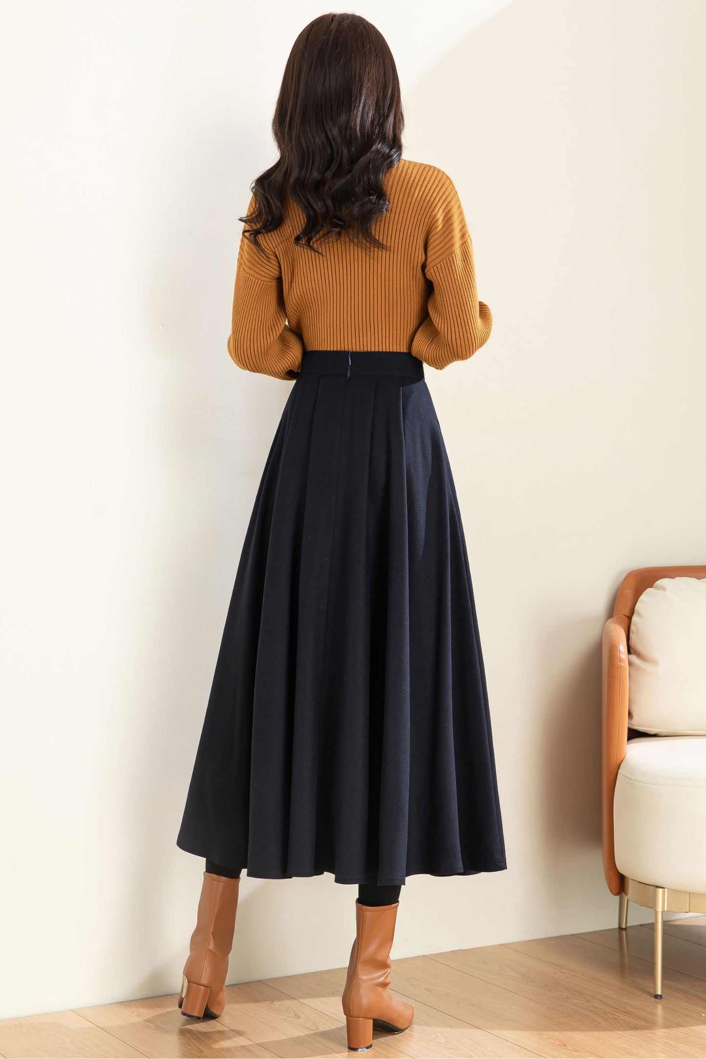 Navy Blue Wool Midi Skirt C3603