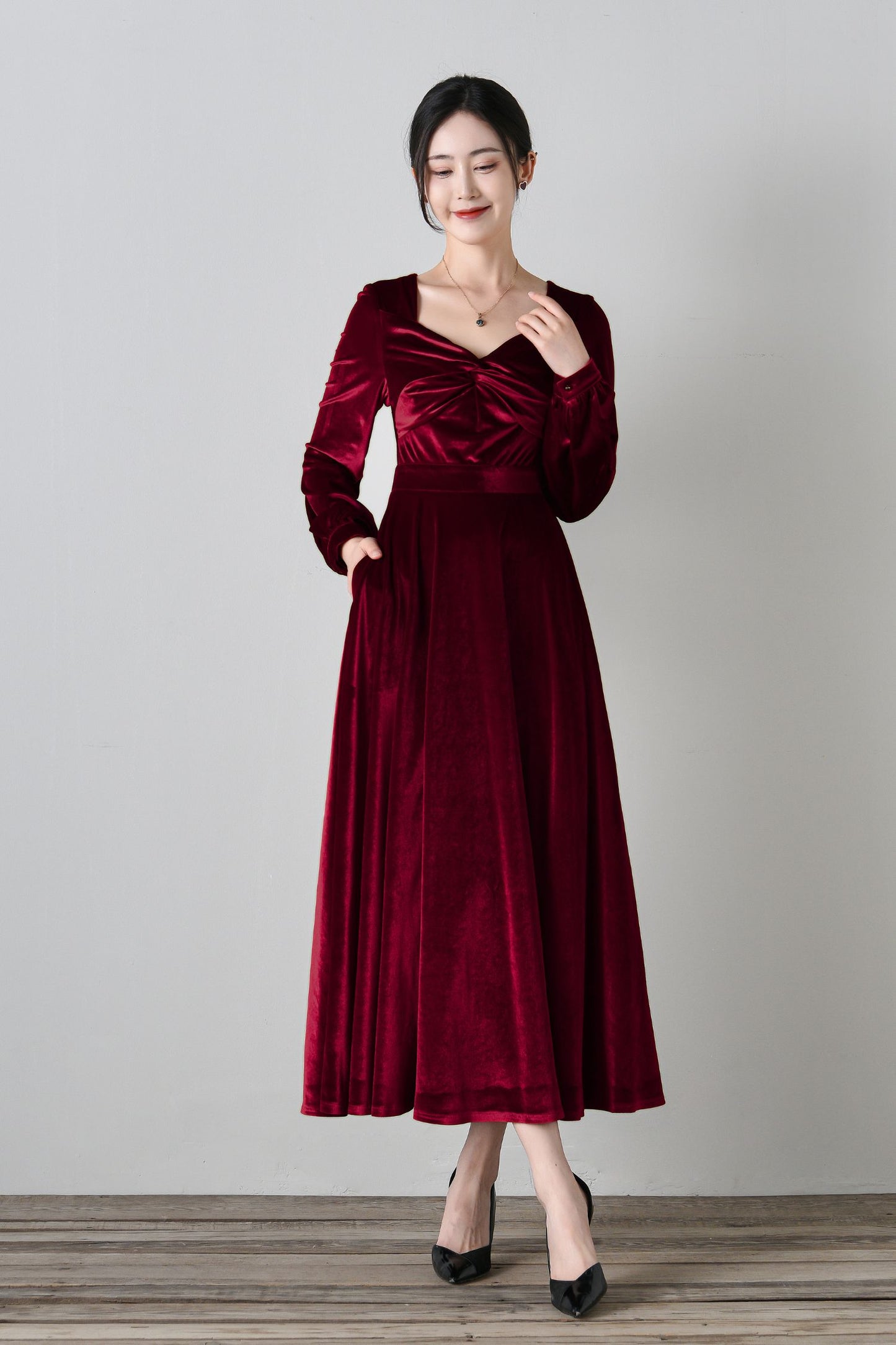 Elegant Burgundy Velvet Long Dress C4699