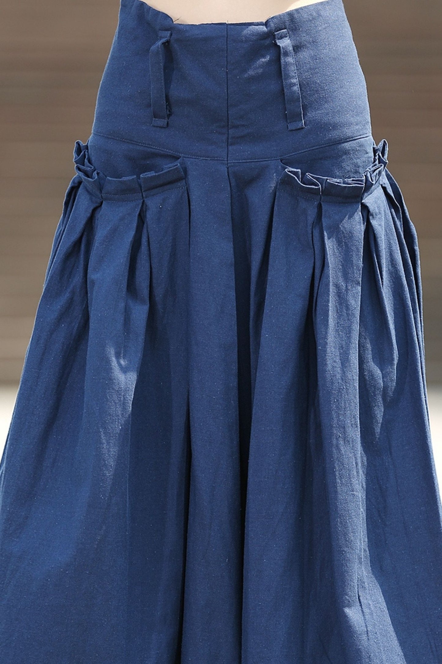 Blue Linen Maxi Summer Skirt with Deep Waistband & Pockets C364
