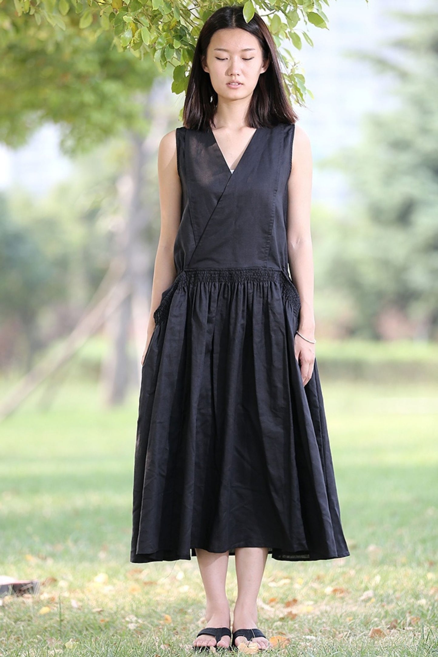 Midi linen black womens summer dress C277