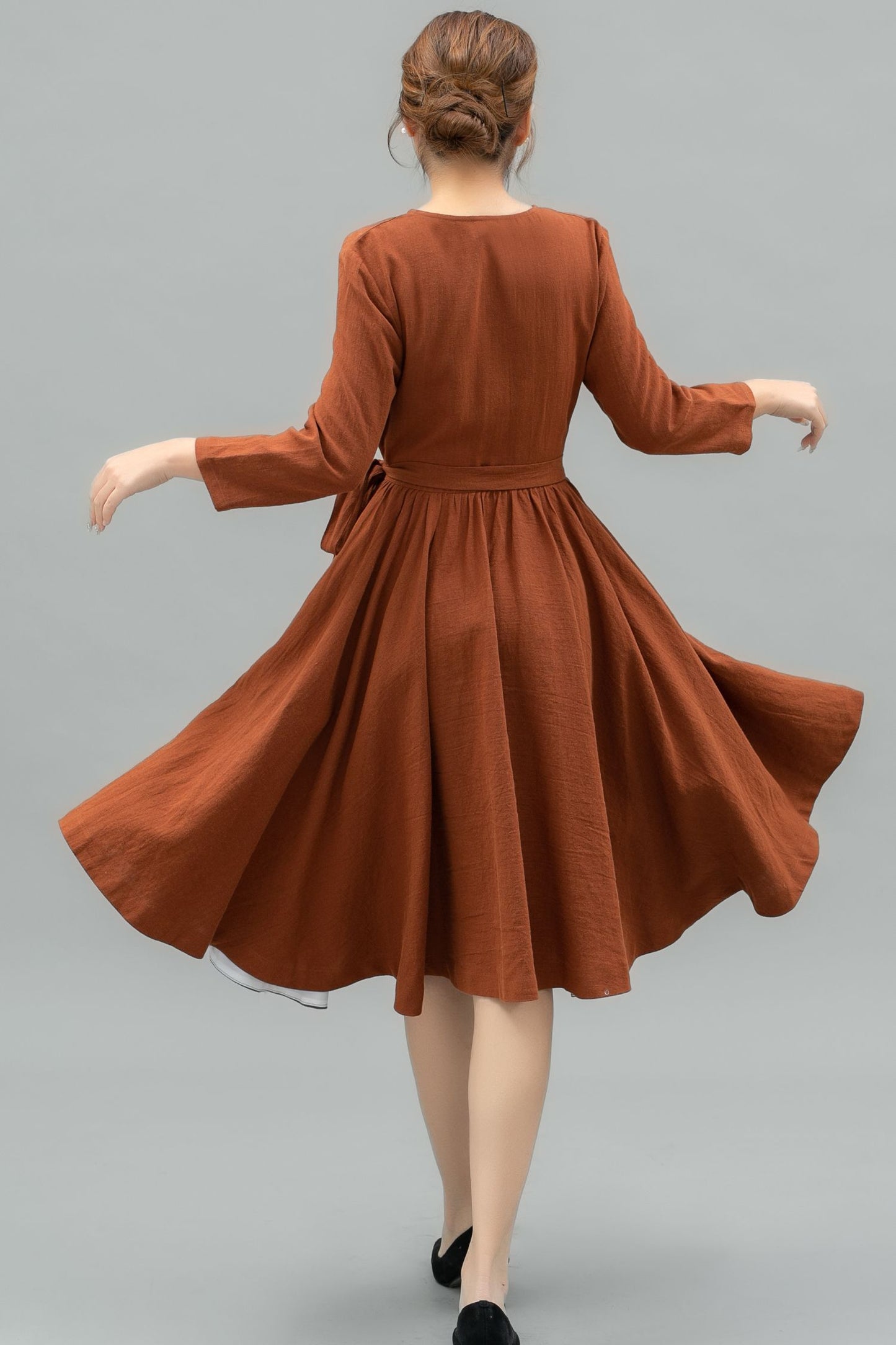 V-Neck Swing Midi linen dress with Waist Tie C4741 - CK2500015