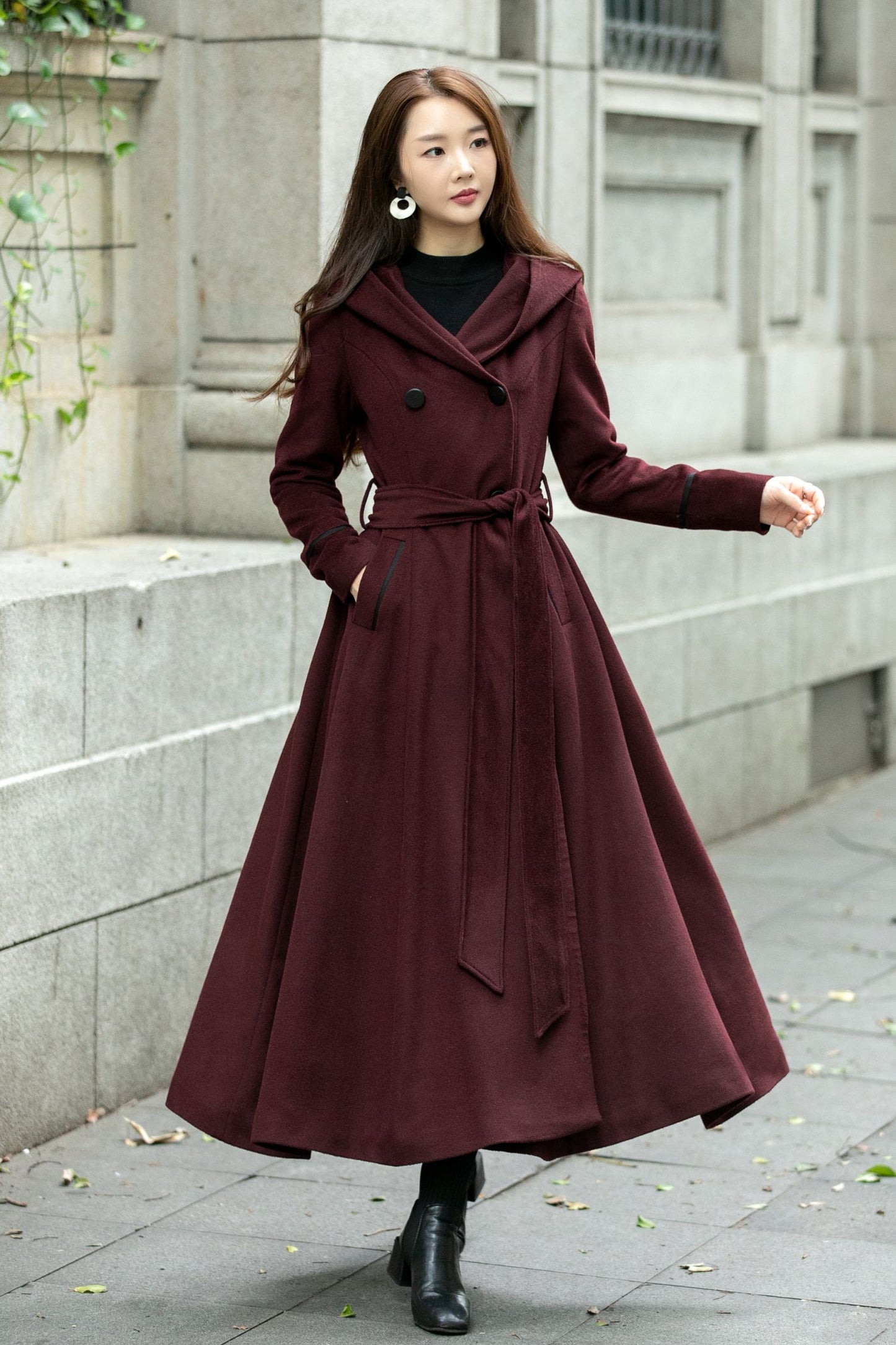 Hooded maxi winter trench wool coat C4506