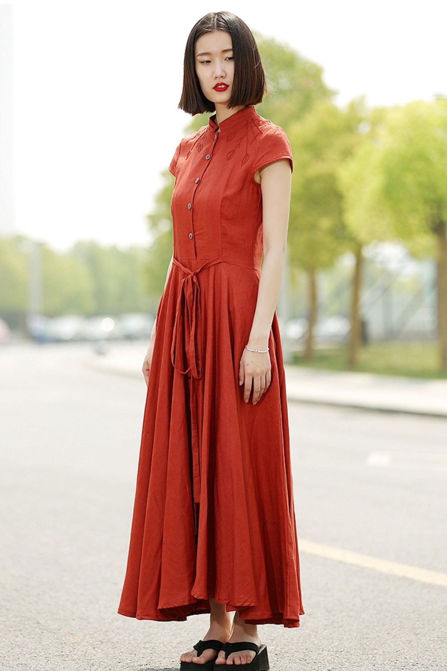 Linen maxi womens summer orange short sleeve dress C352