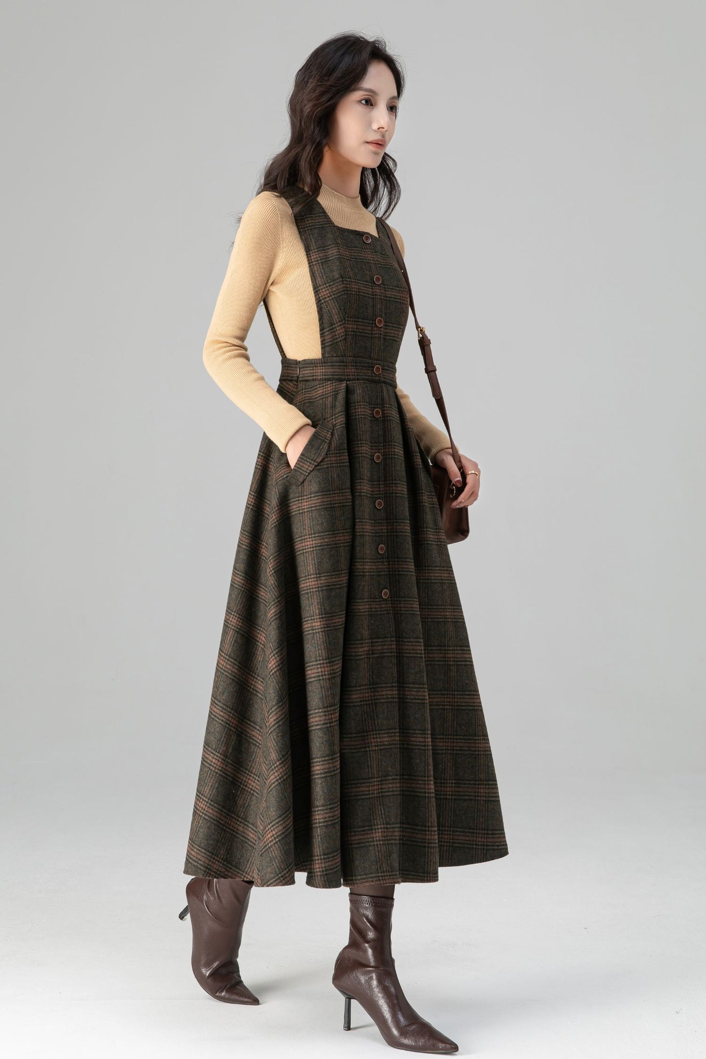 Classic Plaid A Line Apron Midi Wool Dress C5196