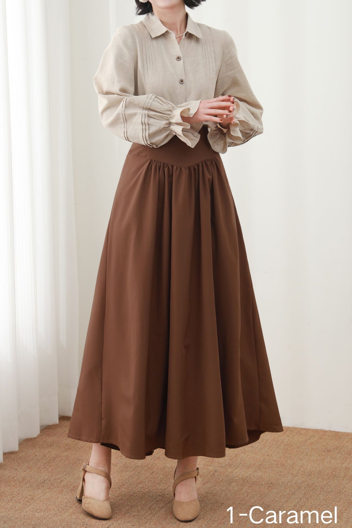 Caramel Linen Maxi Skirt - High Waist Pleated A-Line Silhouette c5452
