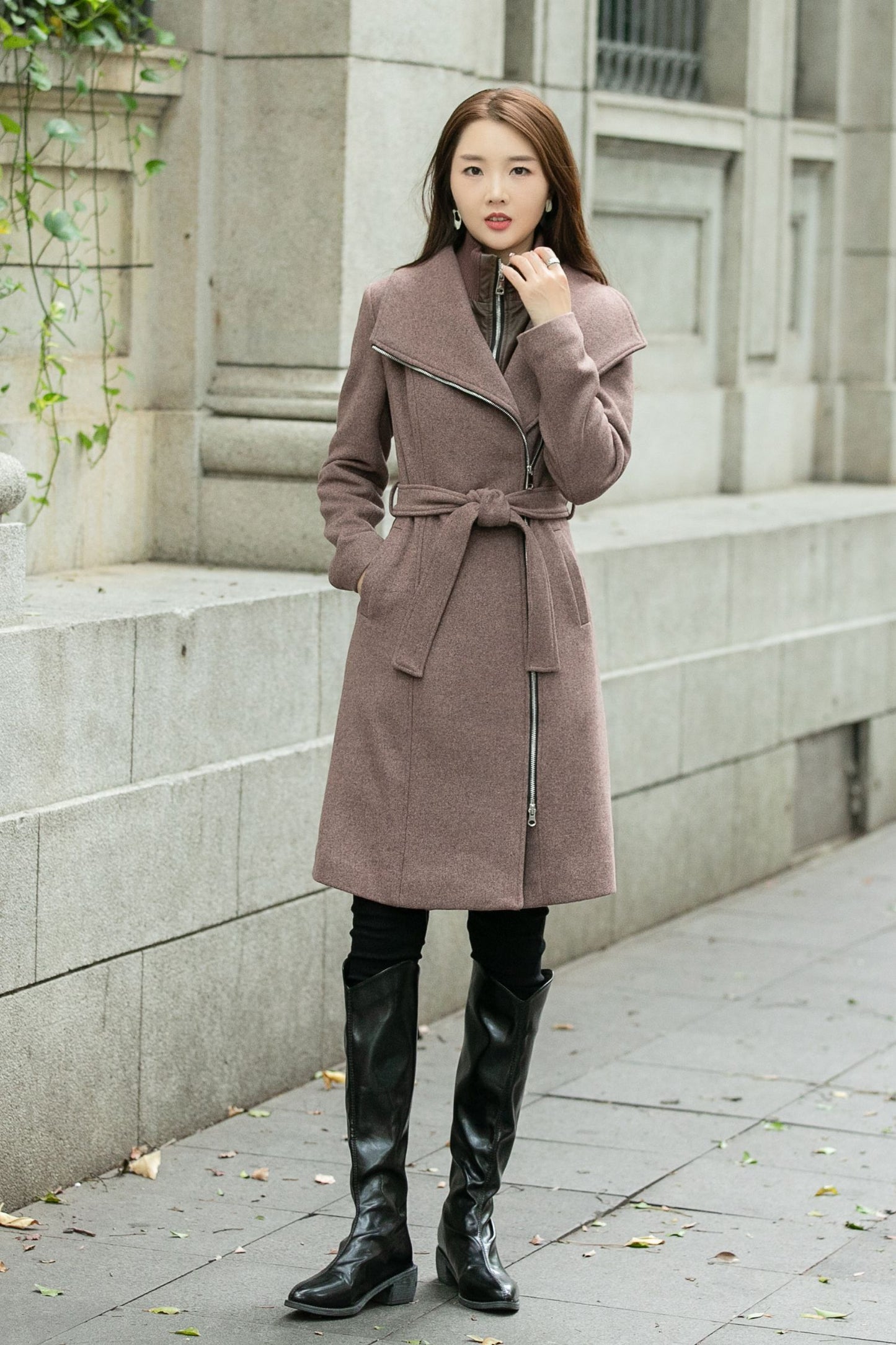 Tie belt asymmetrical winter wool coat C4508