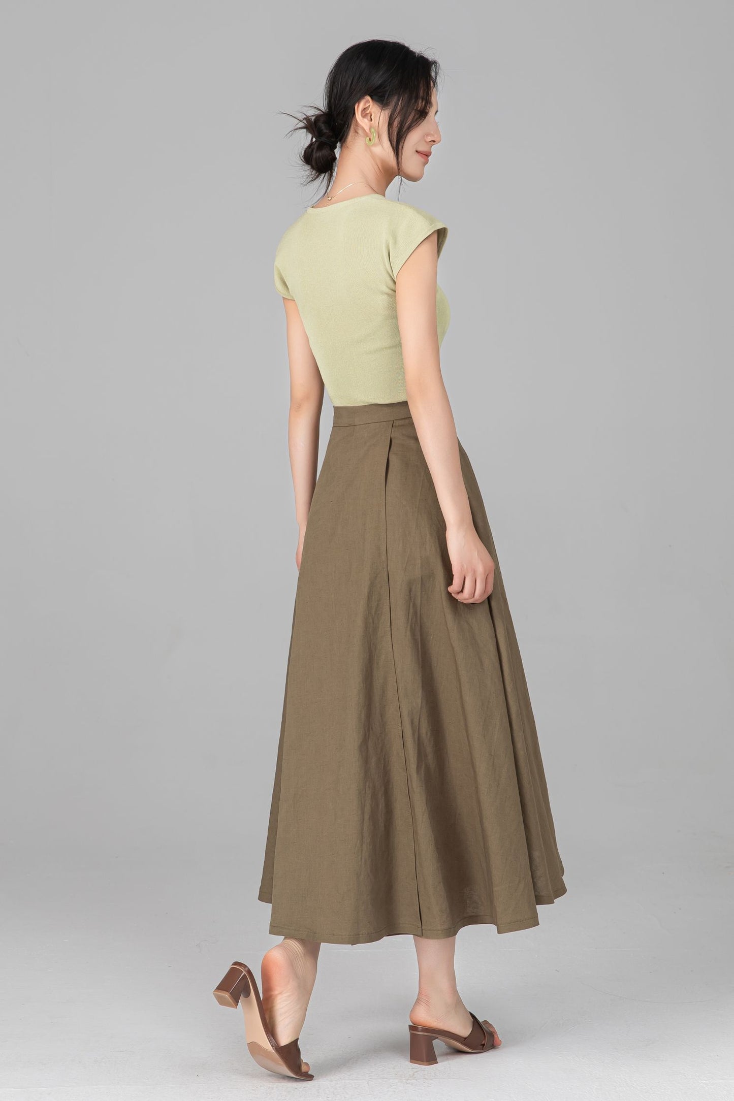 Green Linen Cotton Wrap Midi Skirt - Asymmetrical Flowy Pleated A-Line c5519