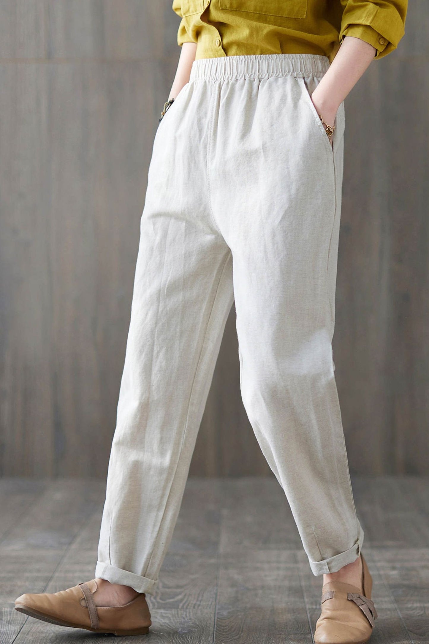 Classic Minimalist Elastic Waist Linen Pants C1876