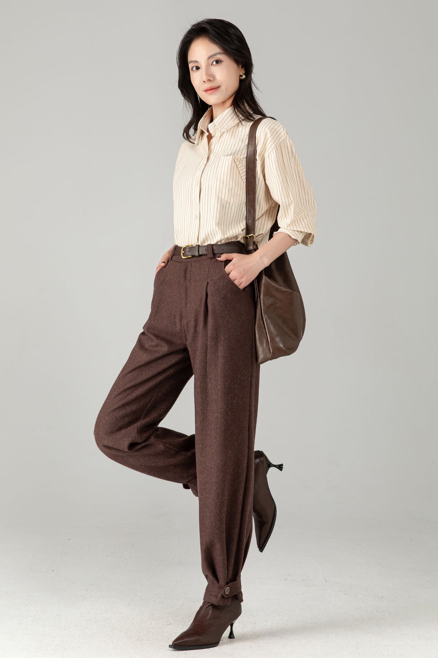 Brown Wool Tapered Trousers: Women’s Vintage-inspired Lantern Pants C5340
