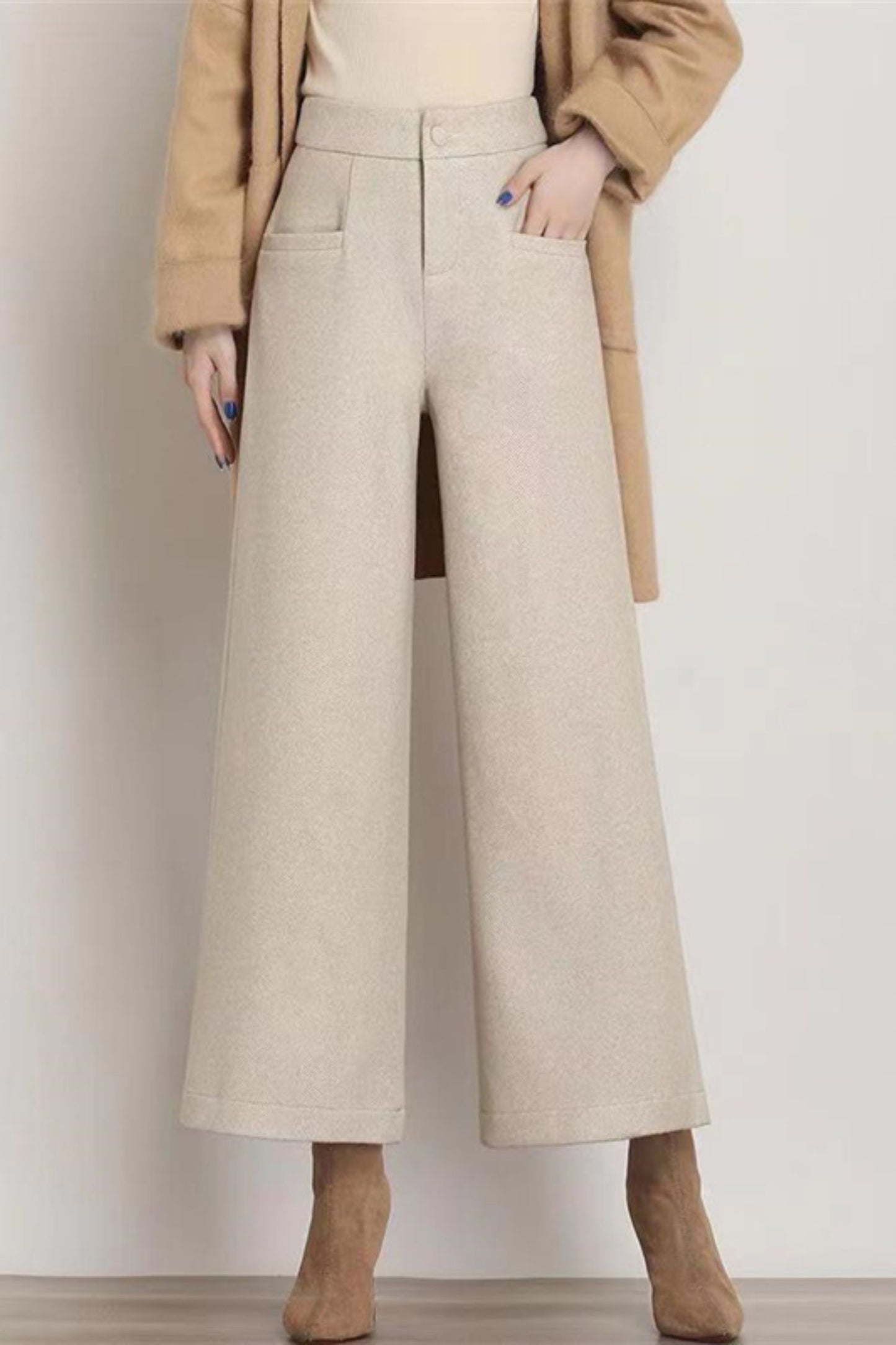 Wide leg womens wool pants with pockets c5078