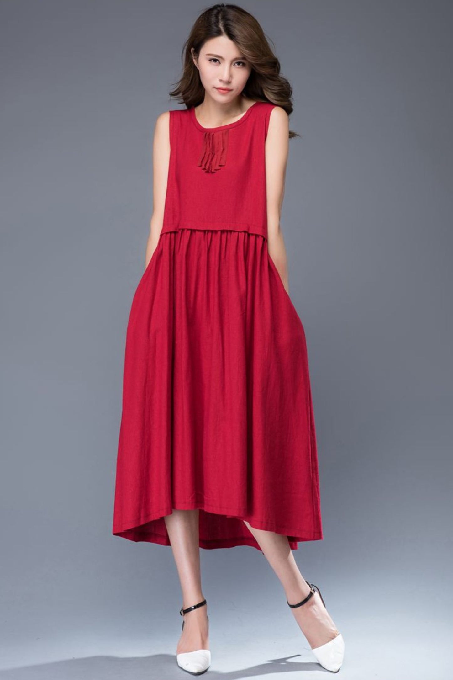 Red linen midi sleeveless loose summer dress C944