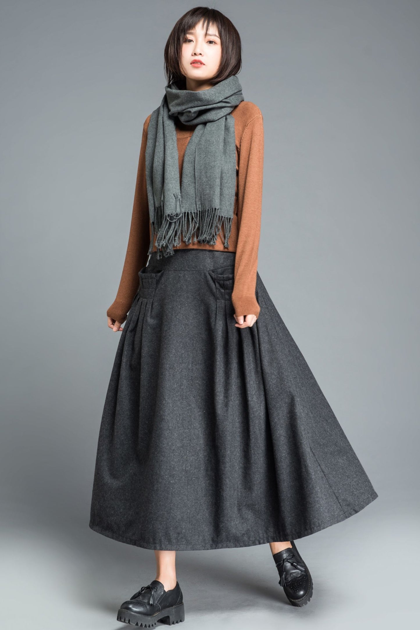 Winter gray wool maxi skirt C1204