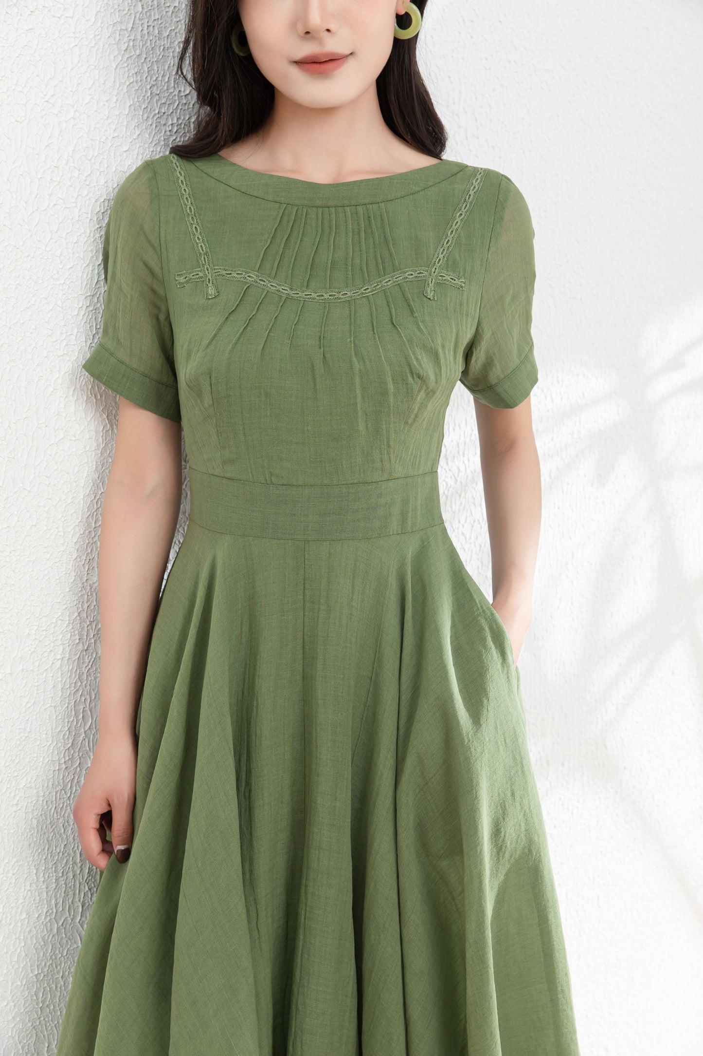 Green Women's swing Linen dress c4982