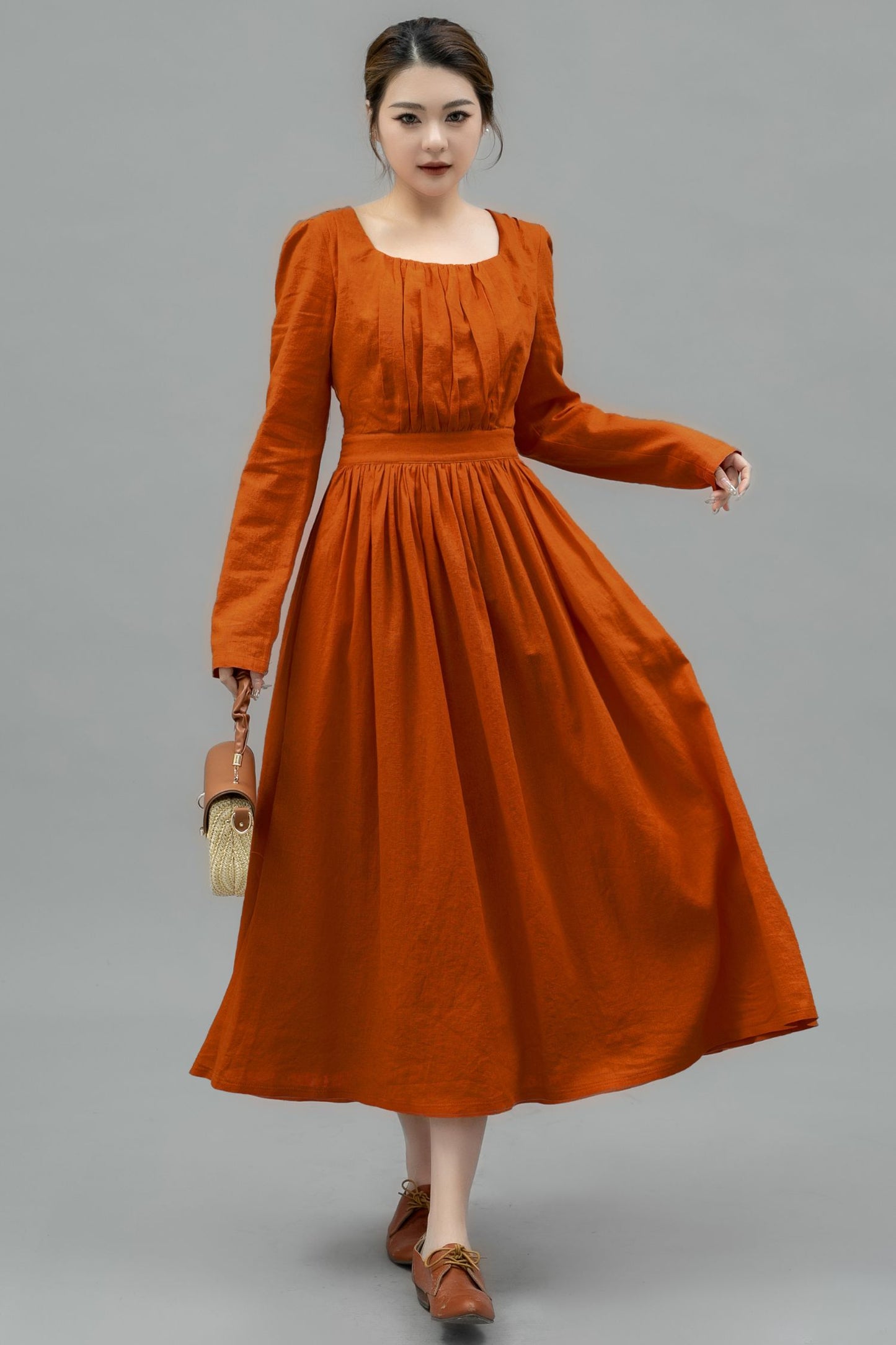 Long Sleeve Orange Linen Dress for Women C4750