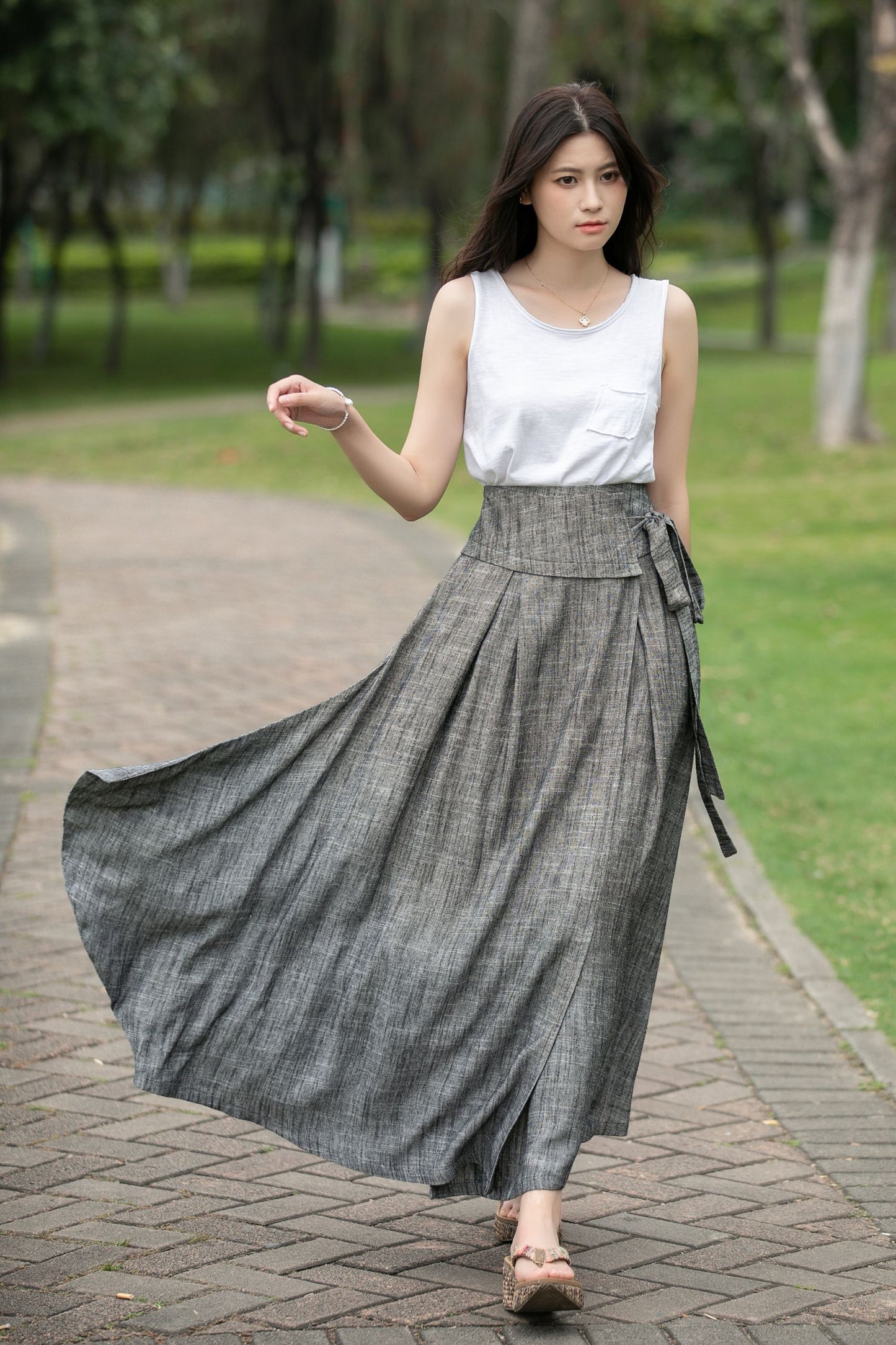 Grey Linen Maxi Skirt C4015