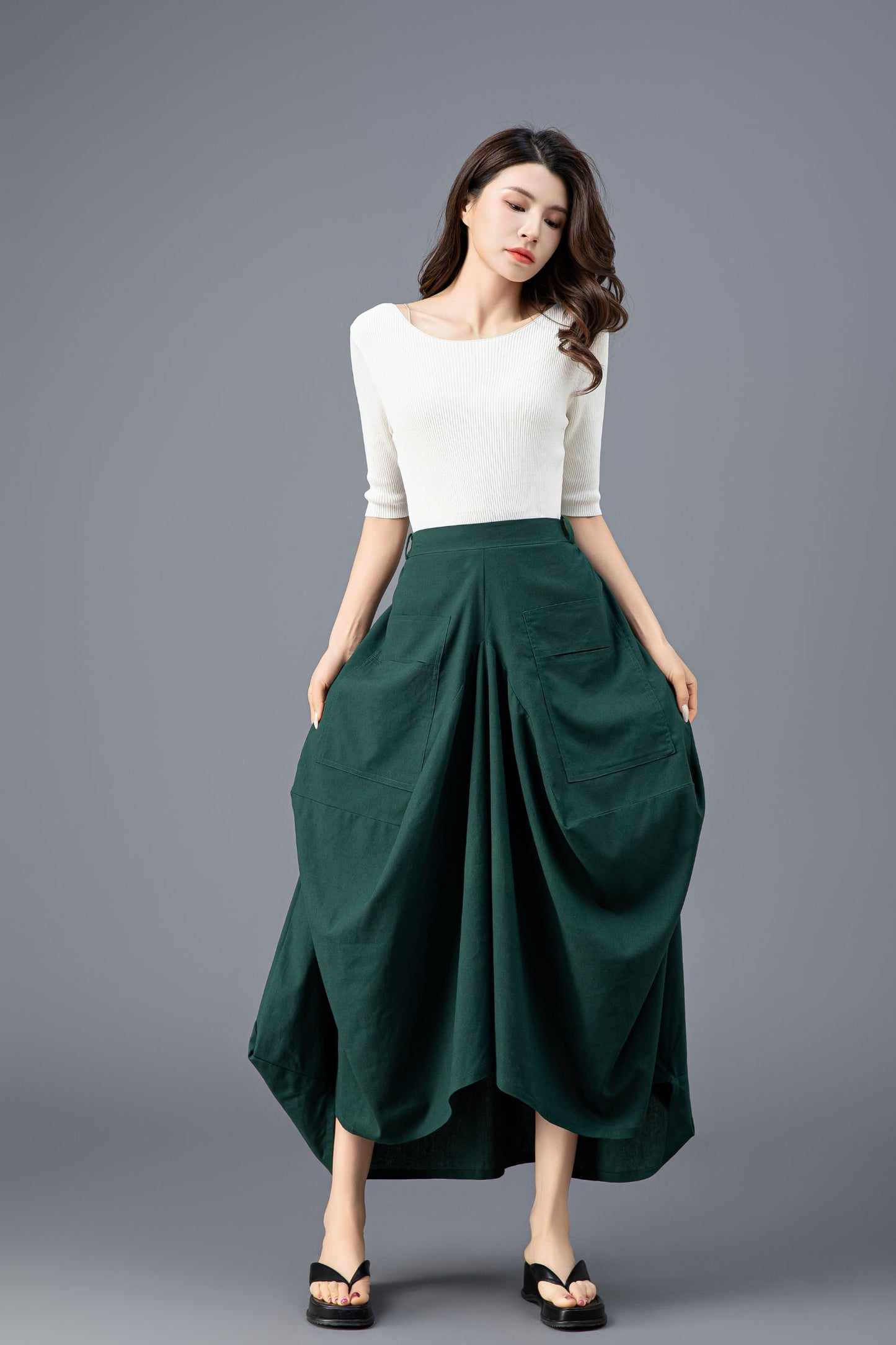 Women's Green Asymmetrical Casual Linen Skirt C3919