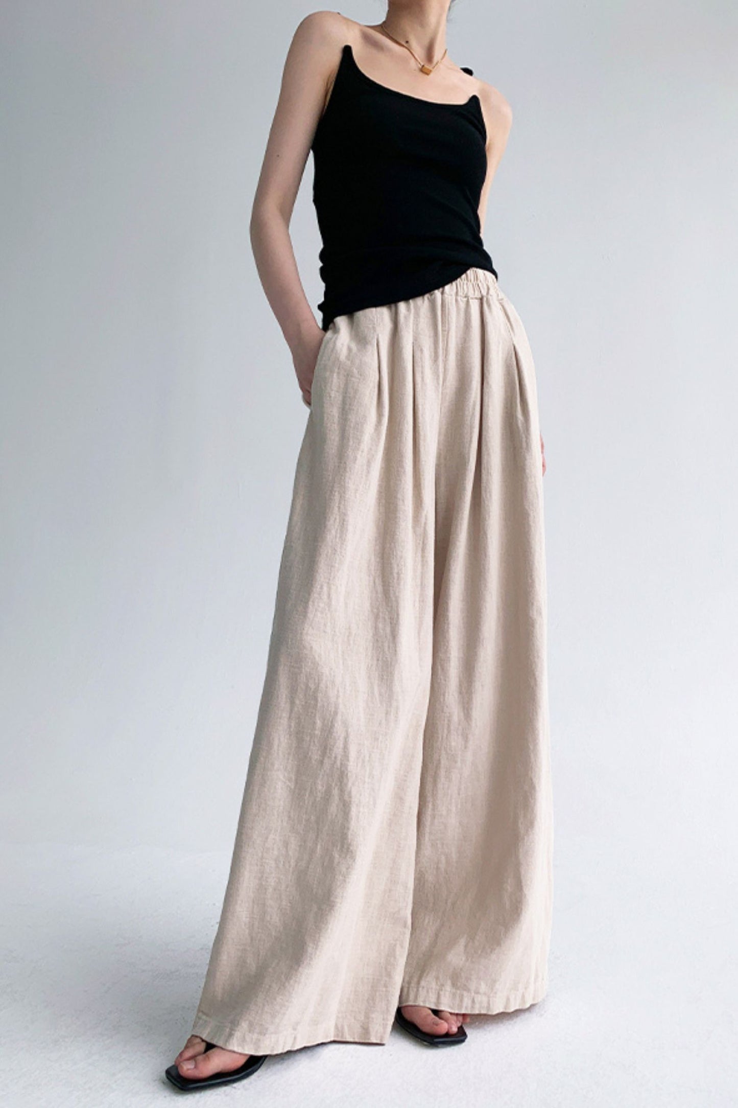 Elastic waist wide leg linen pants L0606