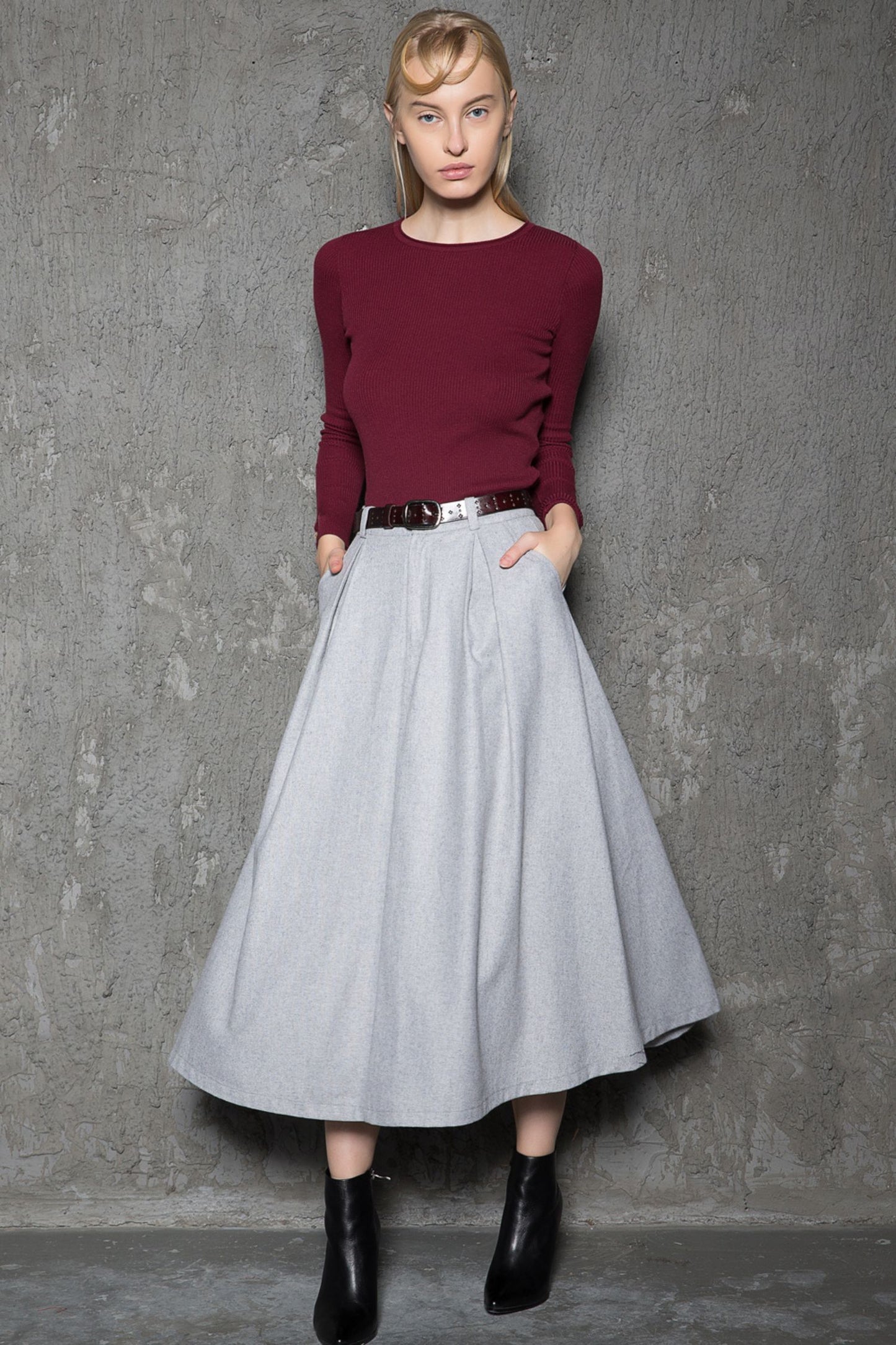 Gray pleated winter wool skirt women C737