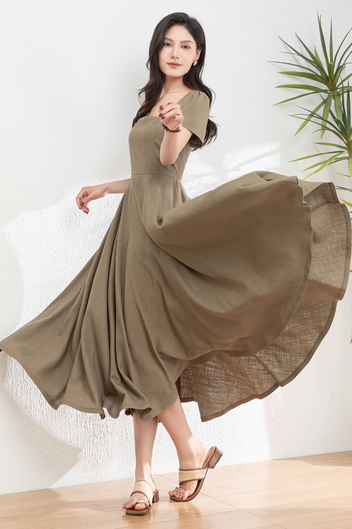 Womens Summer Green Linen Dress c4985