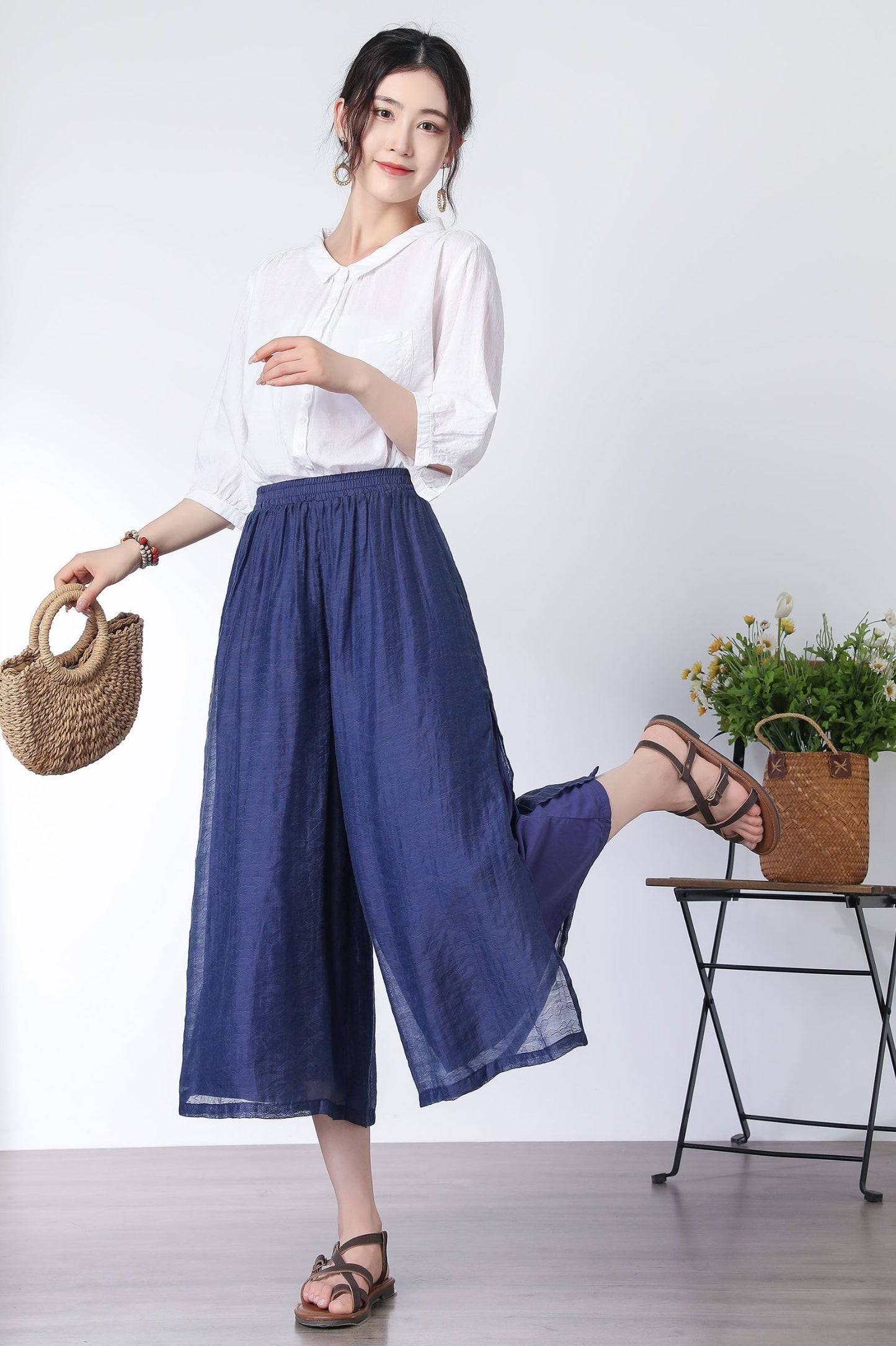 Navy wide legs elastic waist pants C3330
