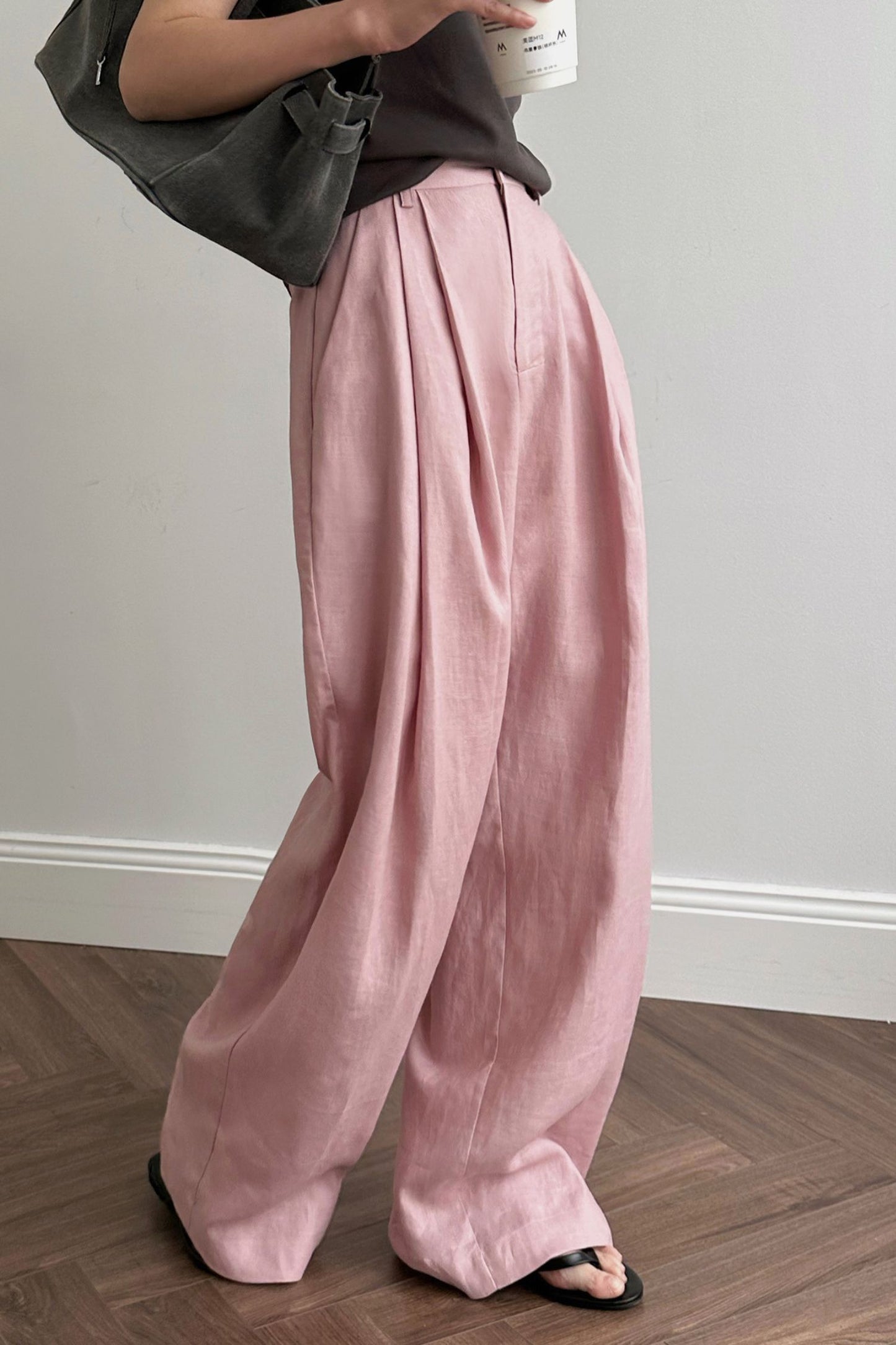 Linen wide leg high waisted pants L0618