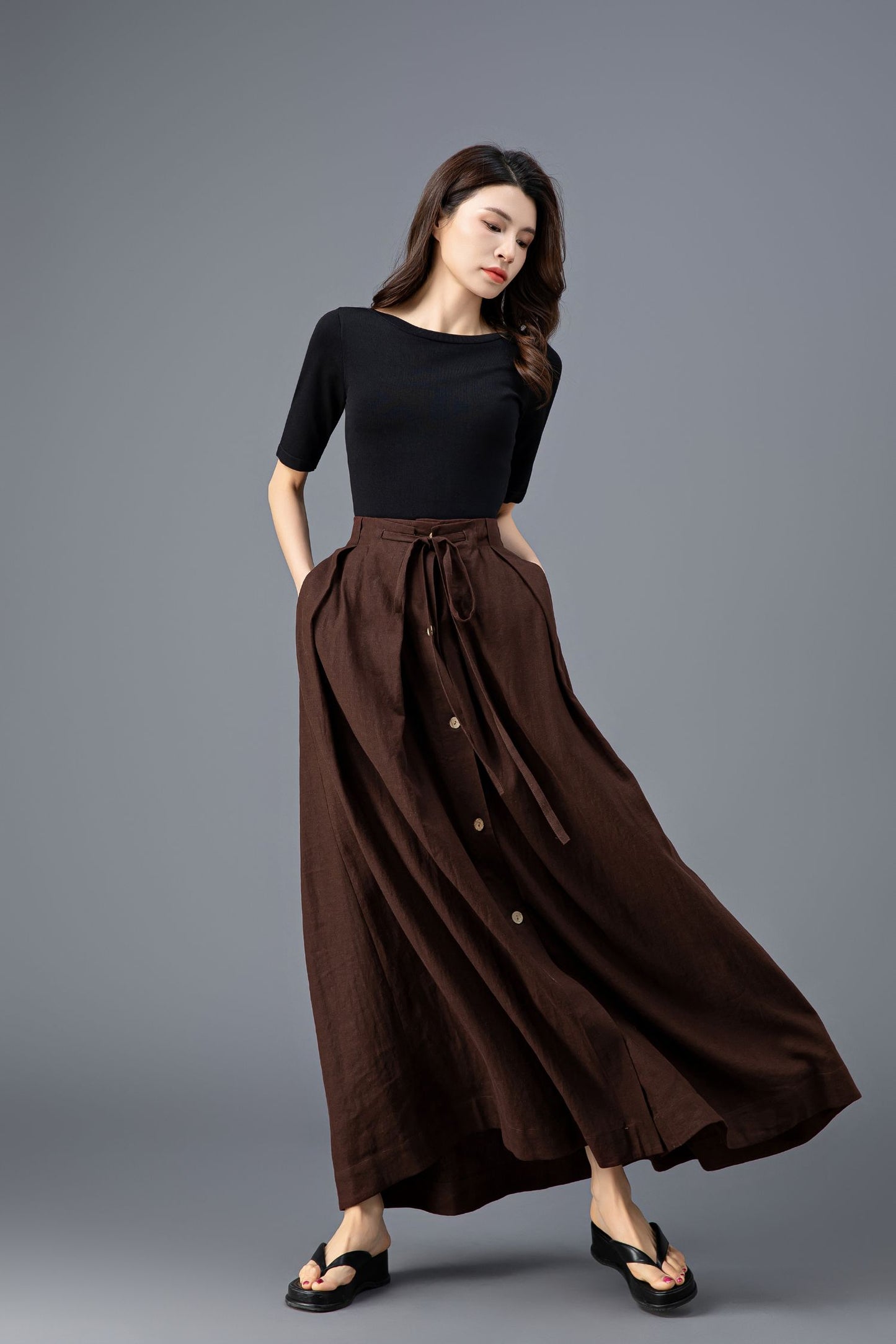 Bohemian Brown Linen Maxi Skirt C3920