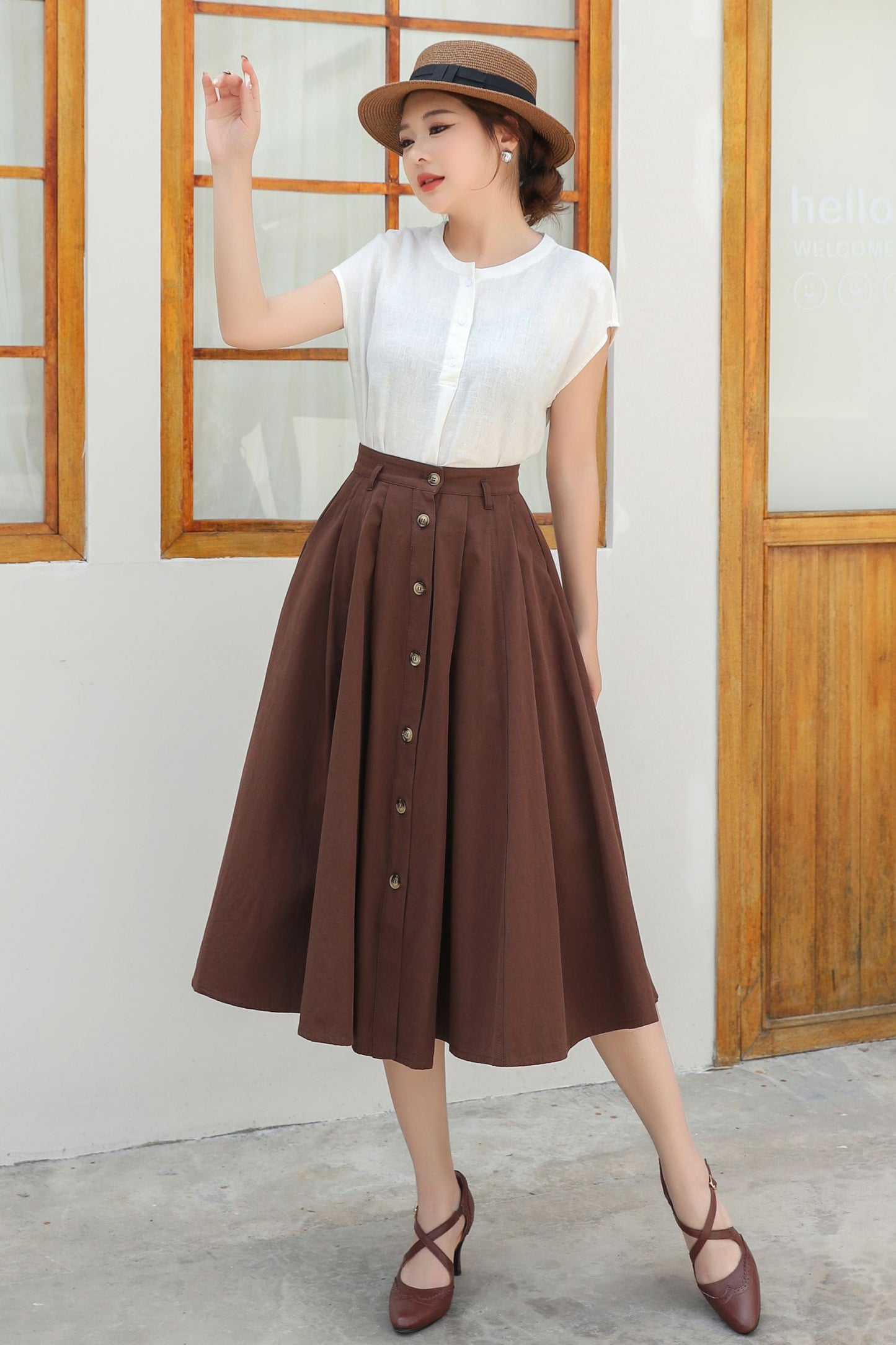 Button down midi Linen skirt c4834