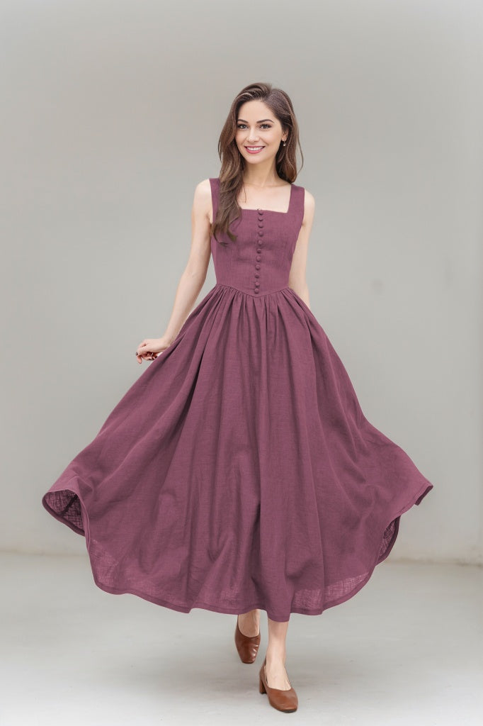 Purple Sleeveless Linen Pinafore Dress C4789