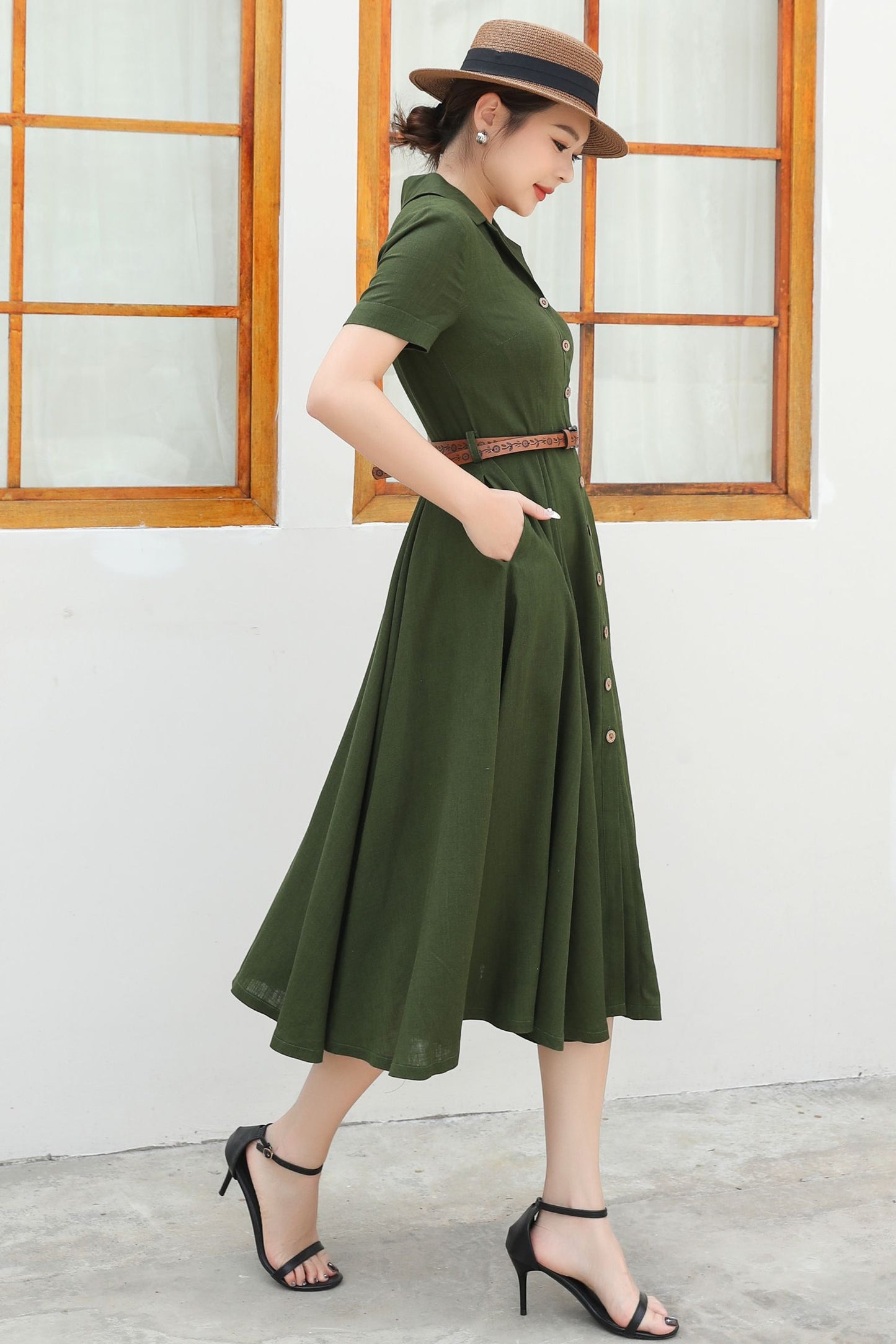 Green Linen Summer Shirt dress c4833