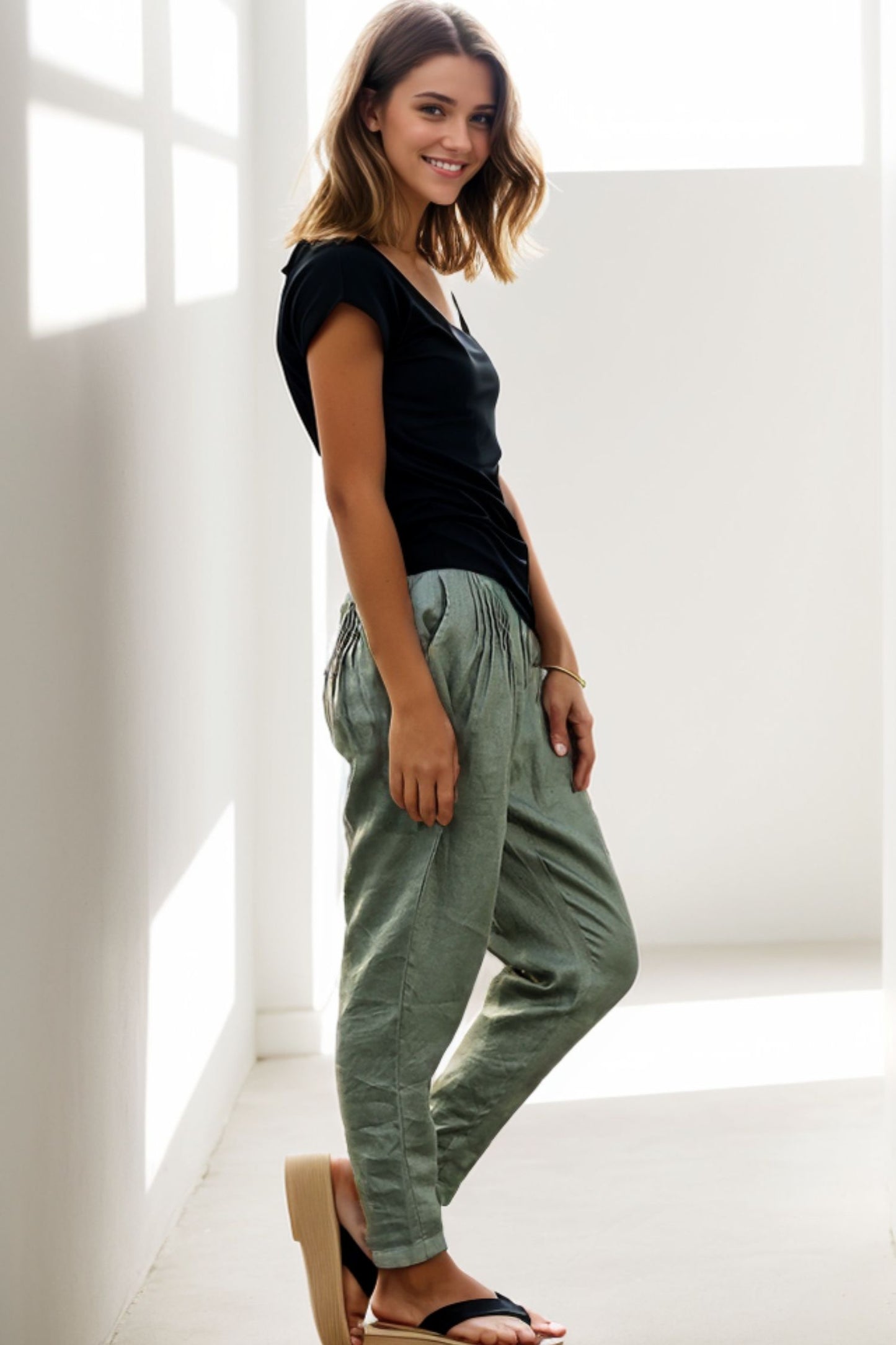 Top quality linen Harem green linen pant C272