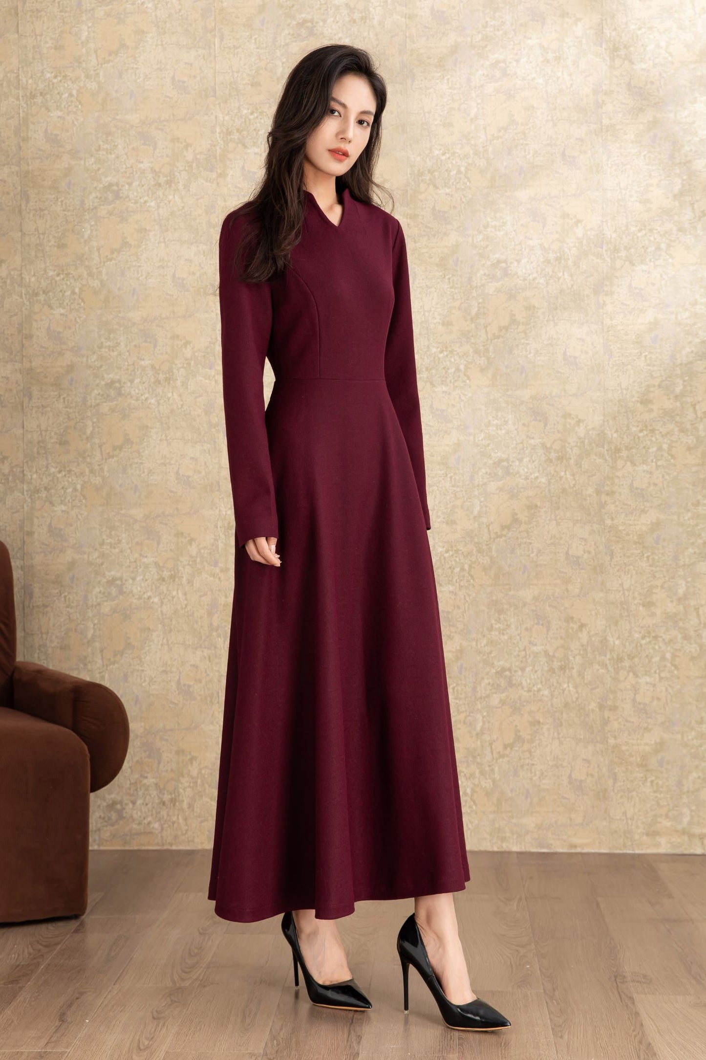 Burgundy winter long wool dress women C4463