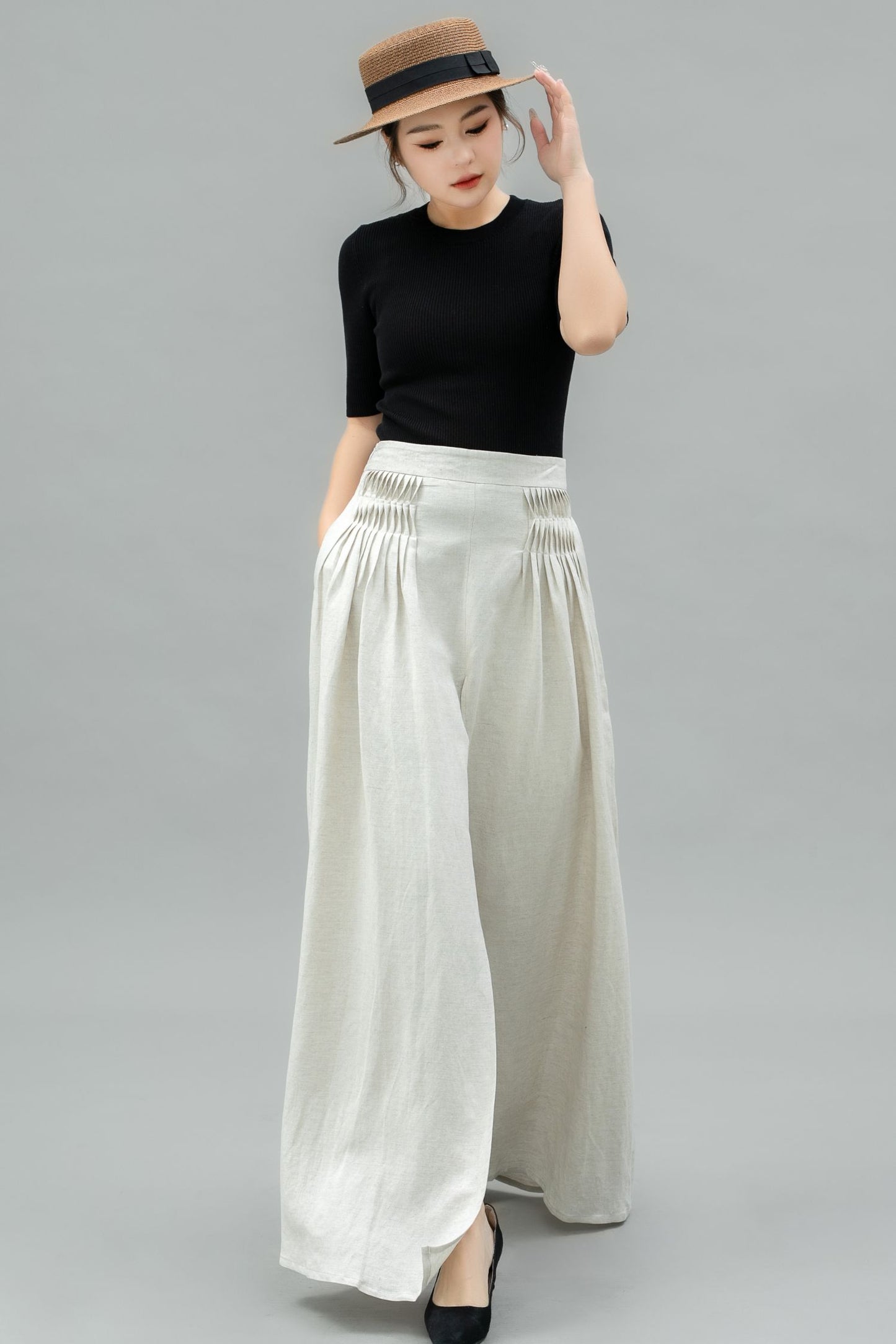 White Wide Leg Linen Palazzo Pant C4743