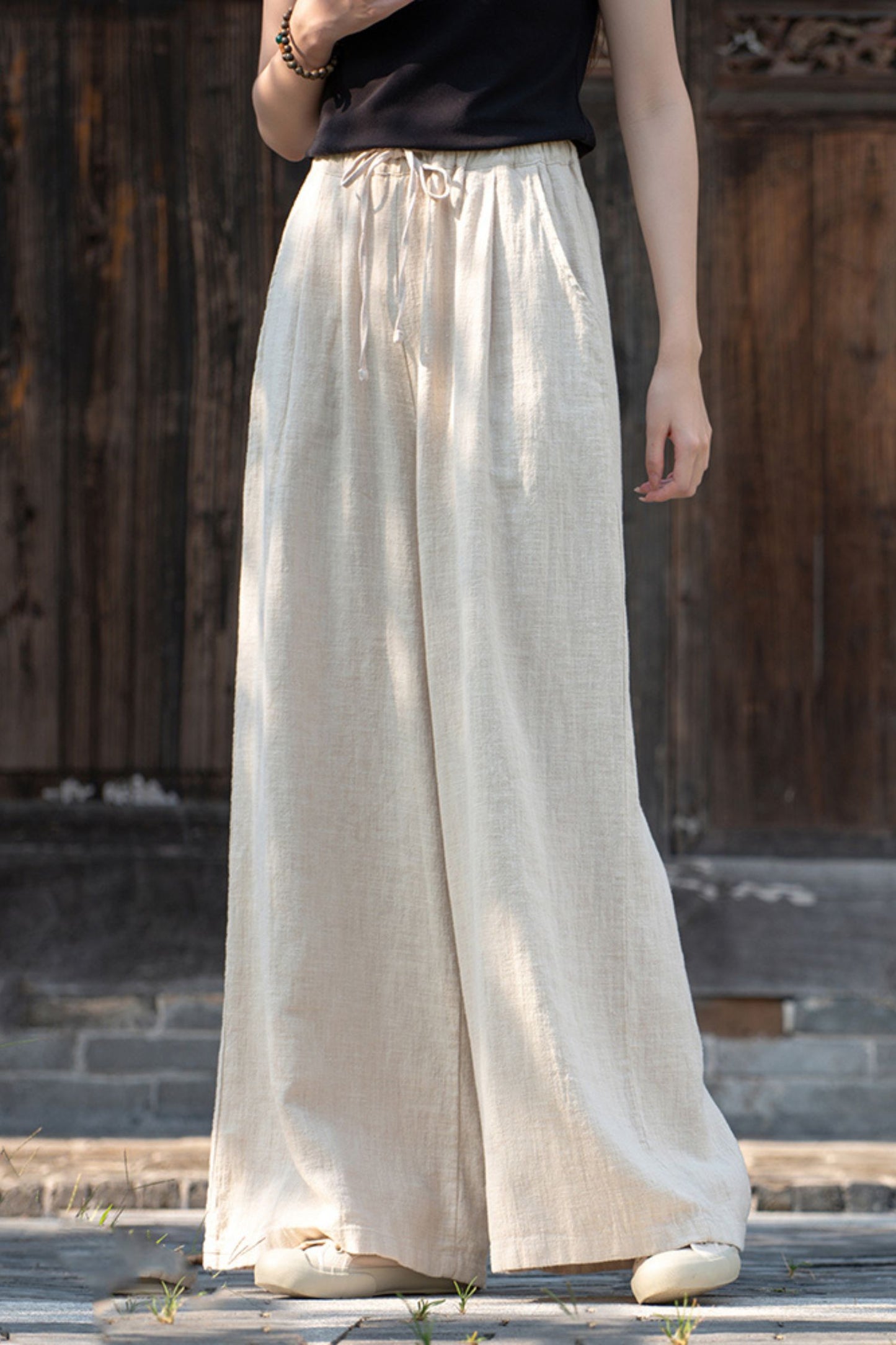 Elastic waist wide leg linen pants L0615