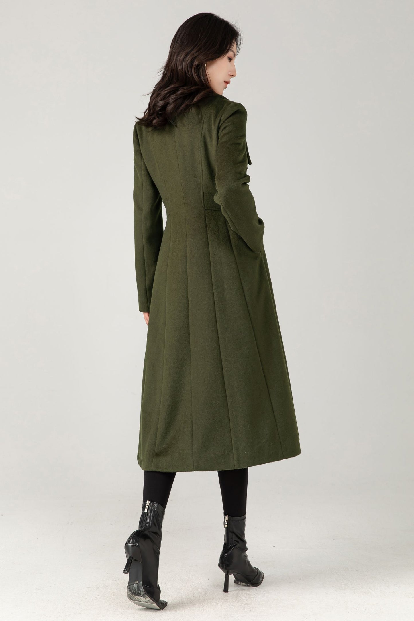 Army Green Wool Midi Coat: Women Tailored Winter Coat with Statement Collar C5335