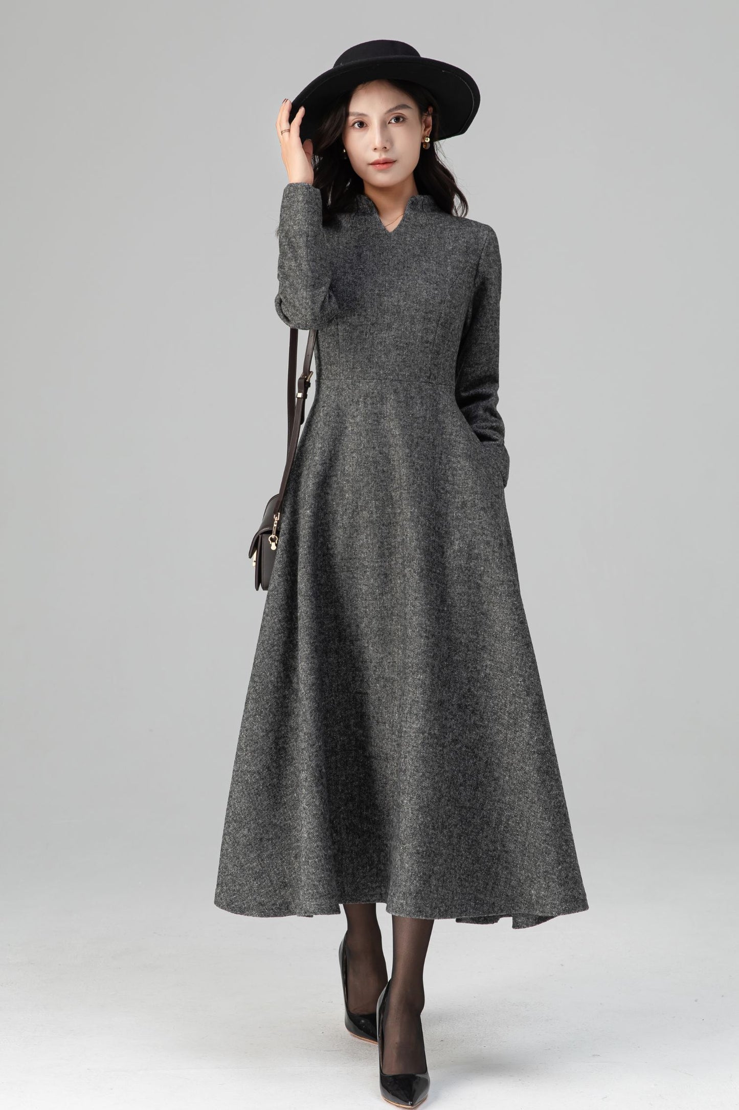 Warm Grey Long Sleeves Wool Maxi Dress C5204