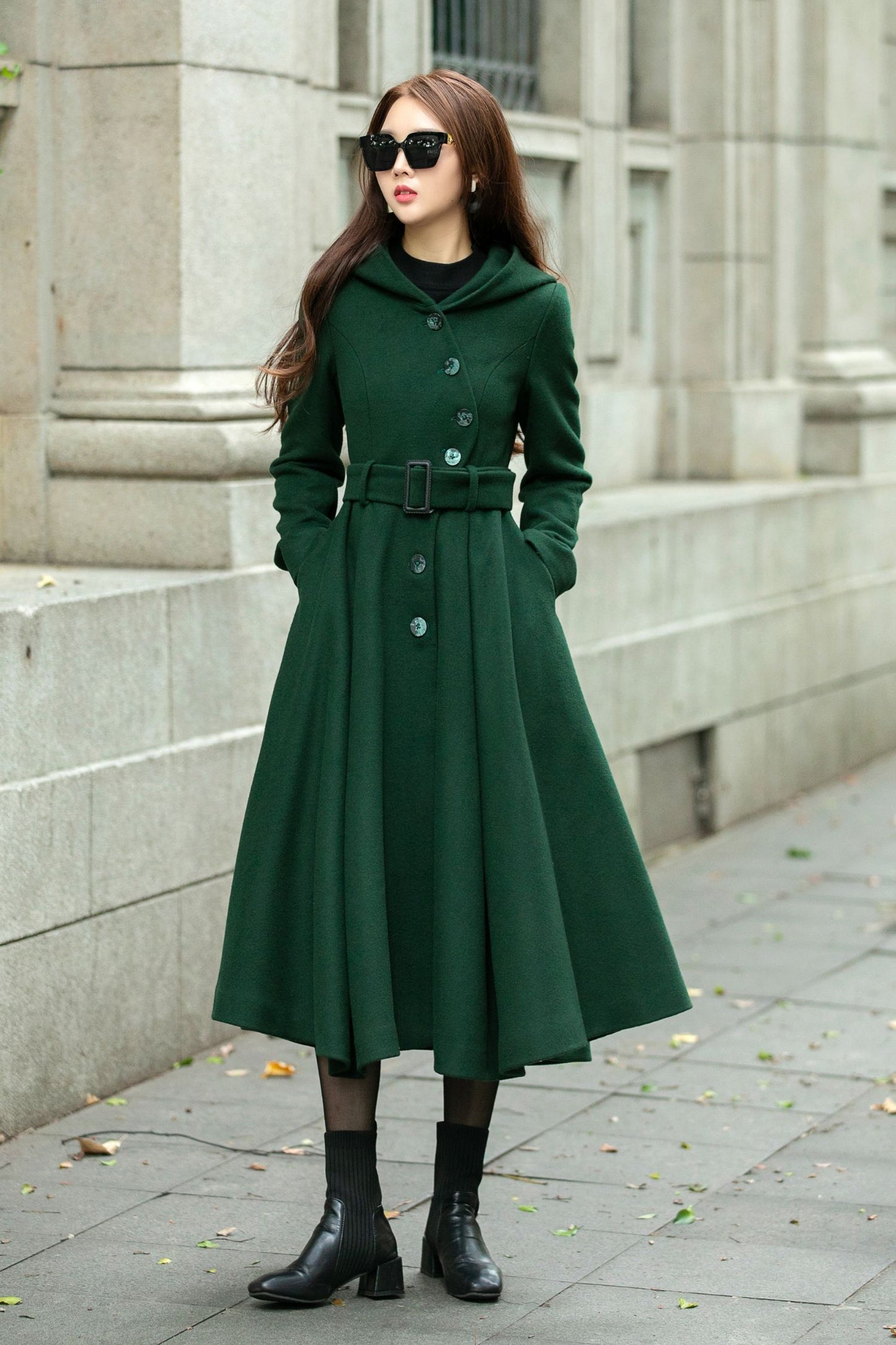 Swing green hooded wool coat C4503