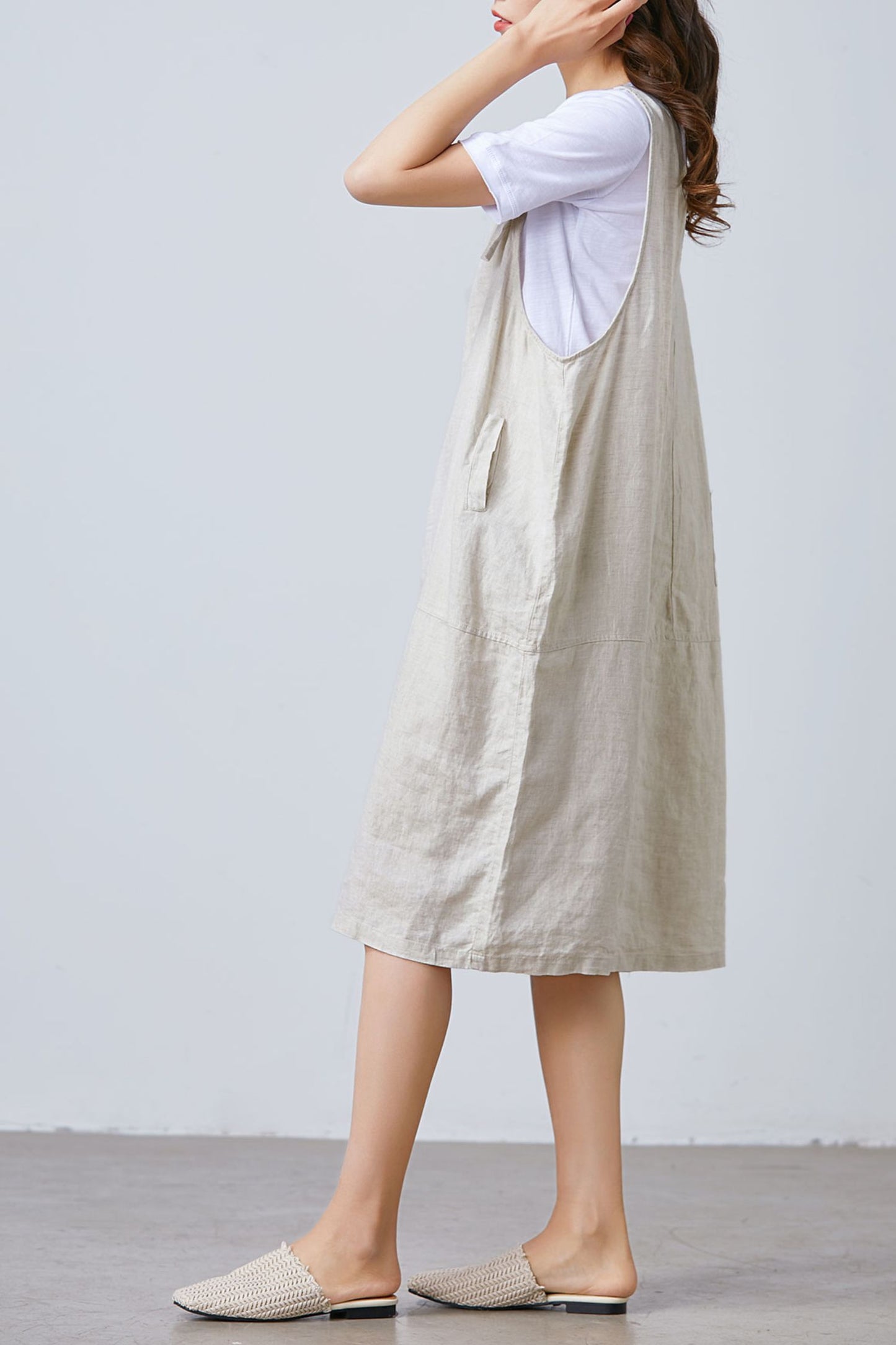 Women Casual Linen Vest Dress Strap Dress Loose Overalls With Pockets C1675
