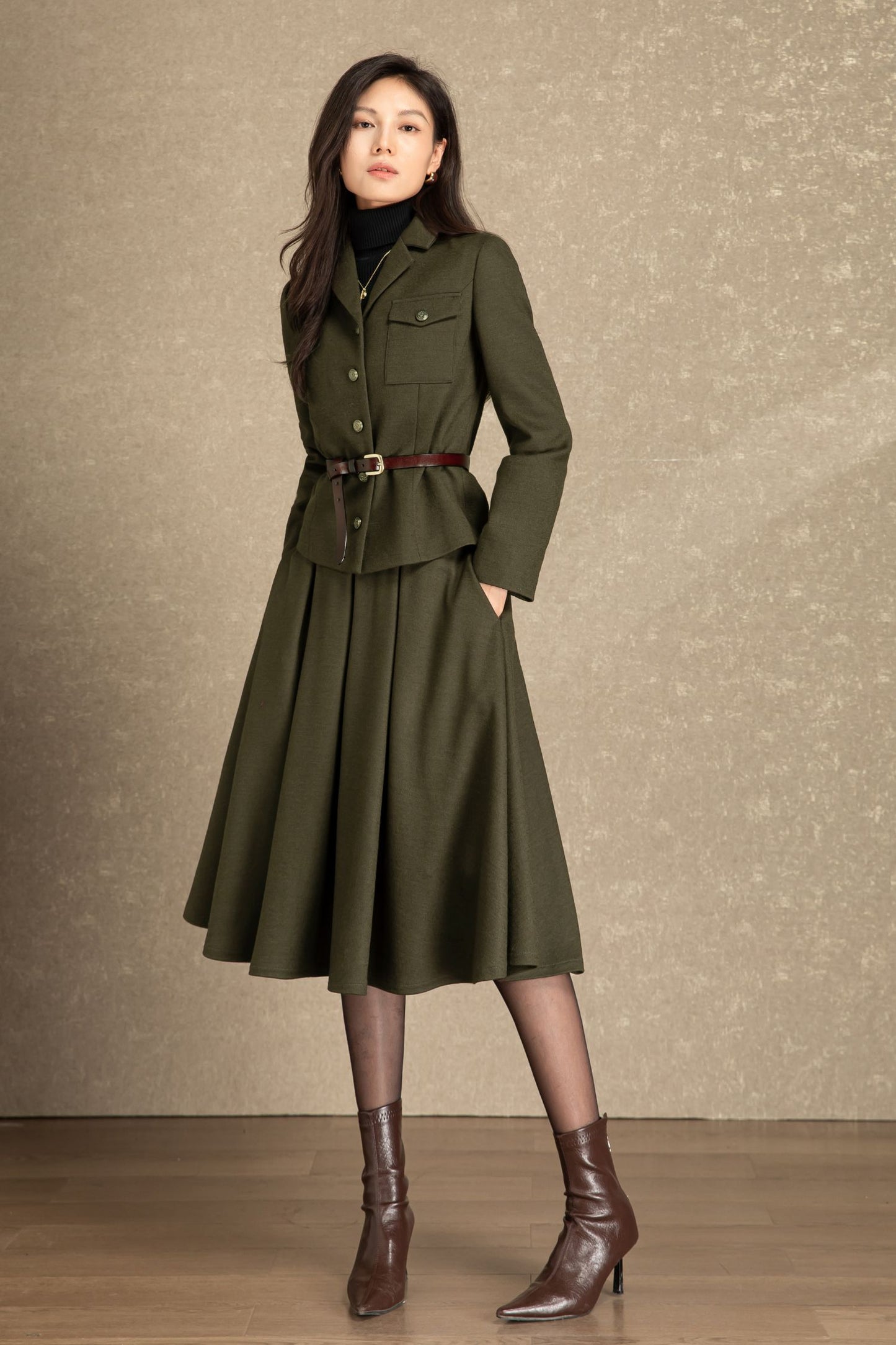 Army green pleating winter wool skirt C4486