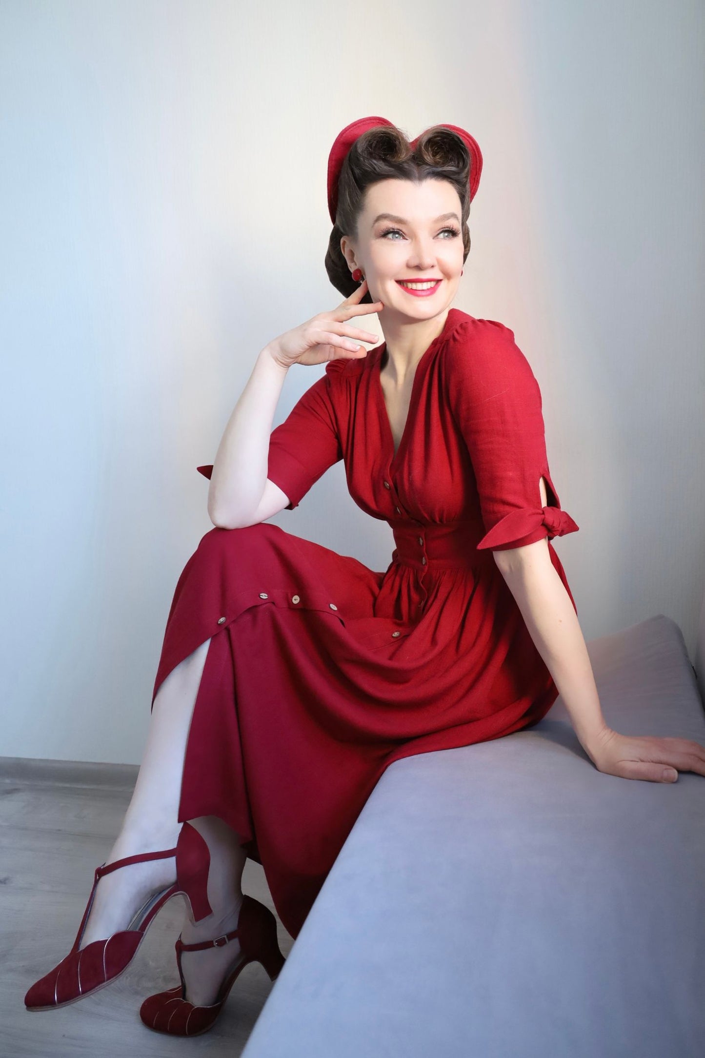Burgundy Linen Midi Dress - Deep V Neck, Button Front C3944