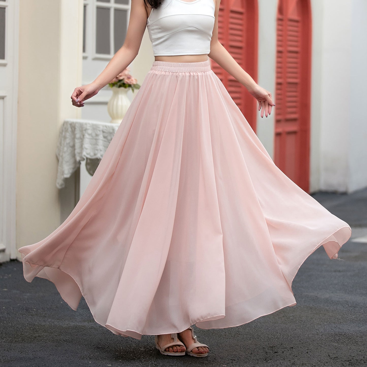 A line pink long chiffon skirt women C5034