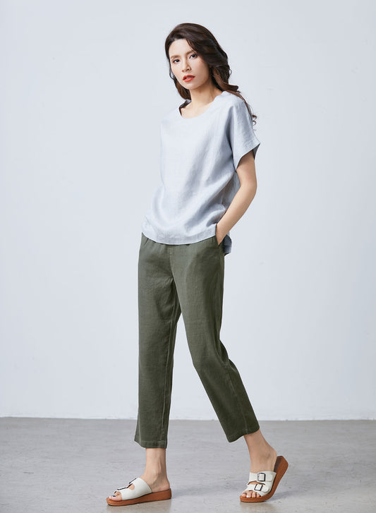 Army Green Linen Wide Leg Pants - Elastic Waist, Side Pockets c1704
