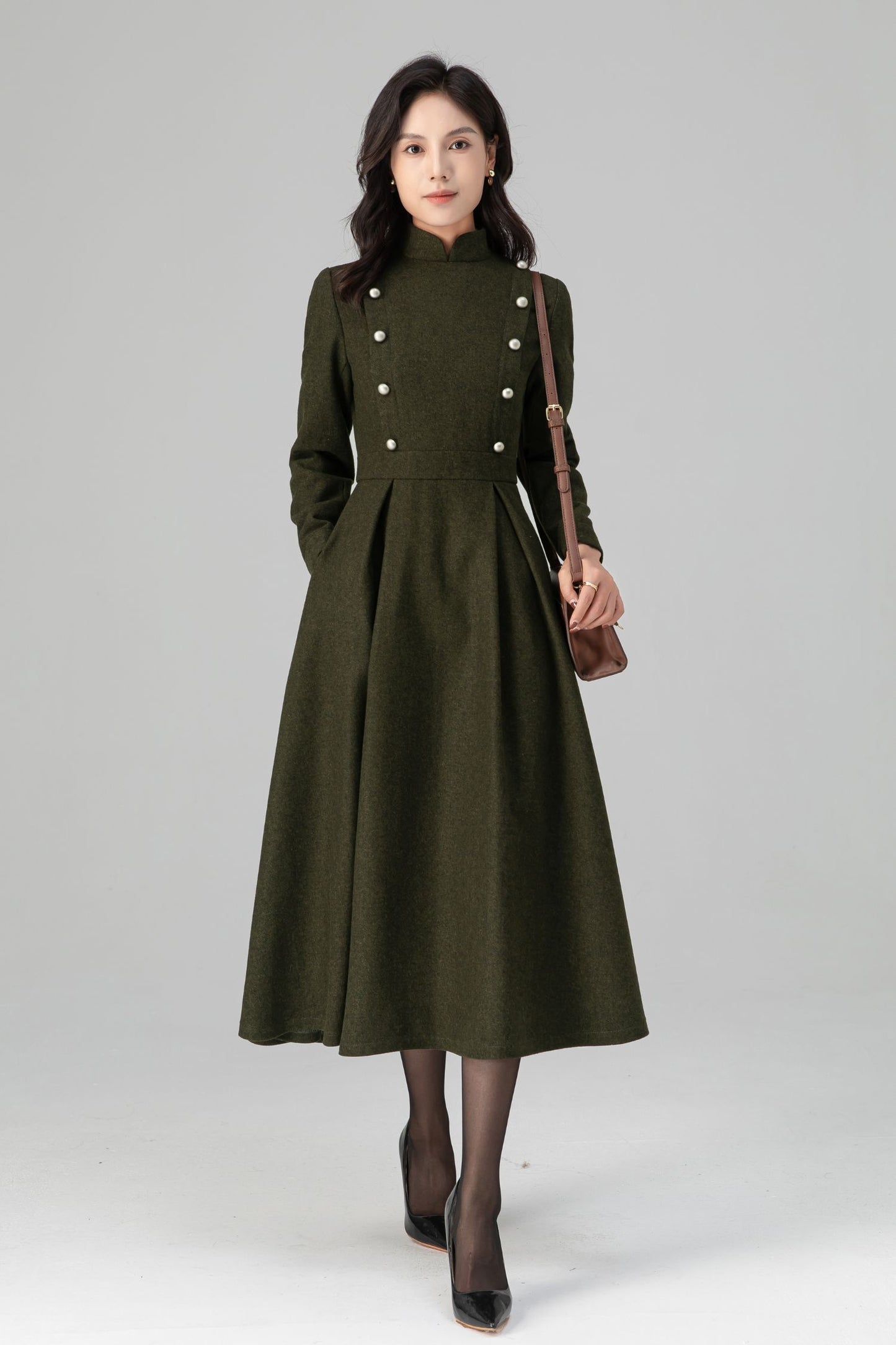 Military-Inspired Long Sleeve Wool Dress C5195