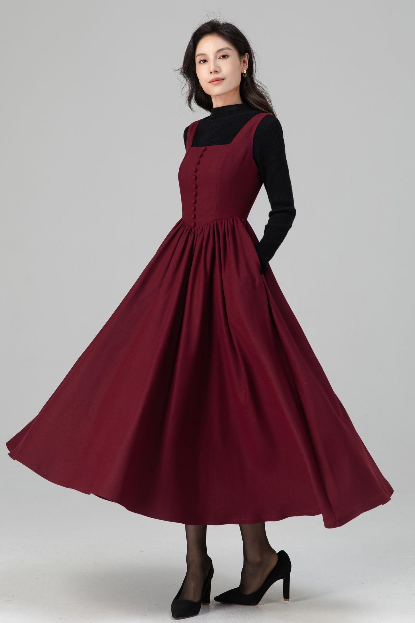 Square Neck Maxi Pinafore Wool Dress for Women C5201