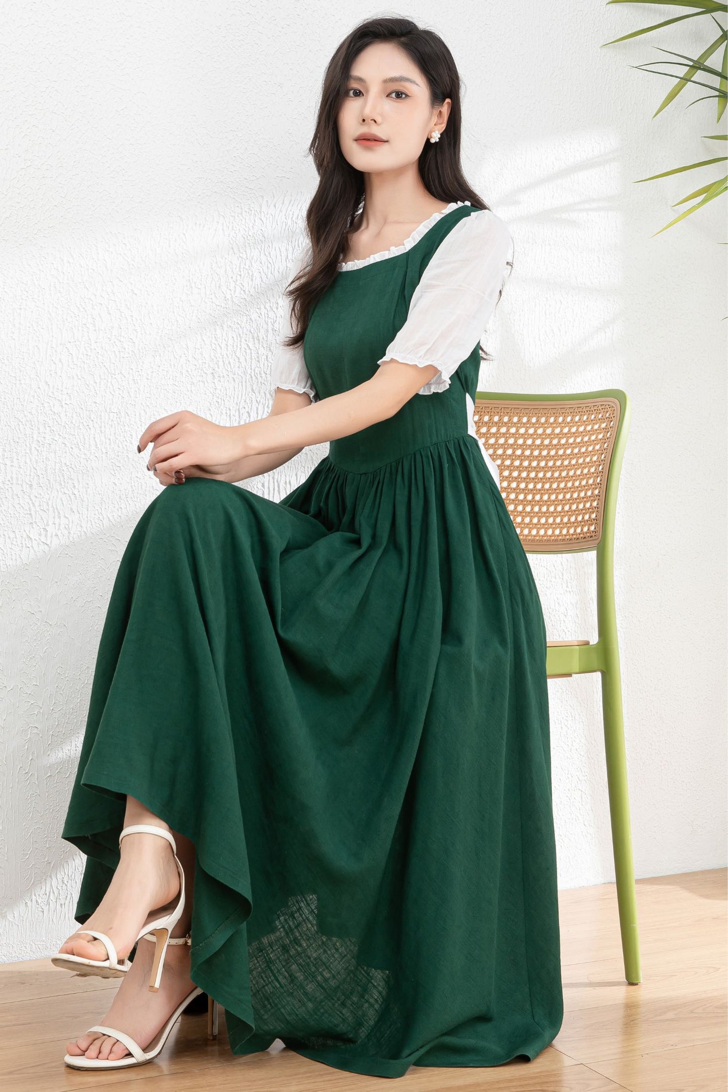 Womens dark green Linen midi Cottagecore Dress c4978