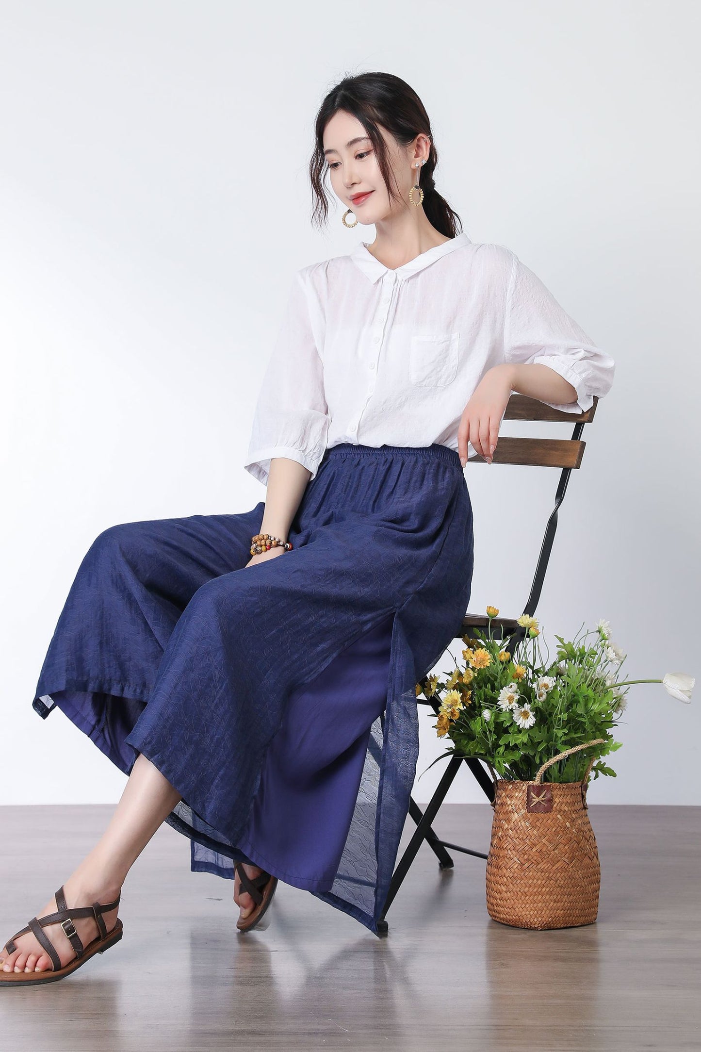 Navy wide legs elastic waist pants C3330