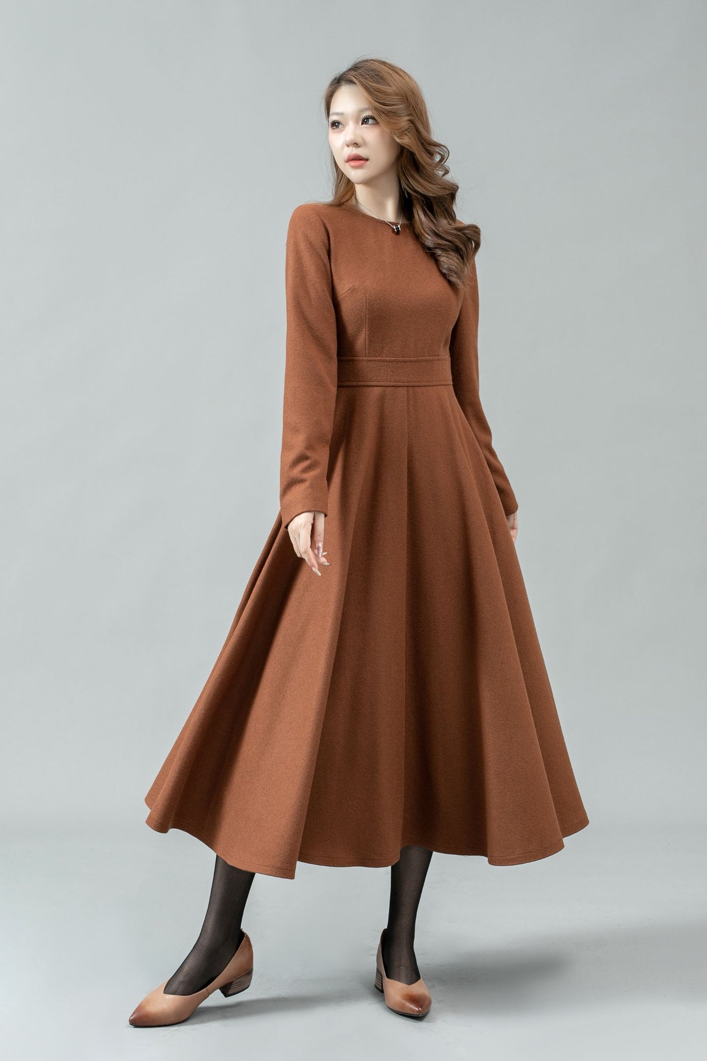 Fit and flare long winter wool dress C4447
